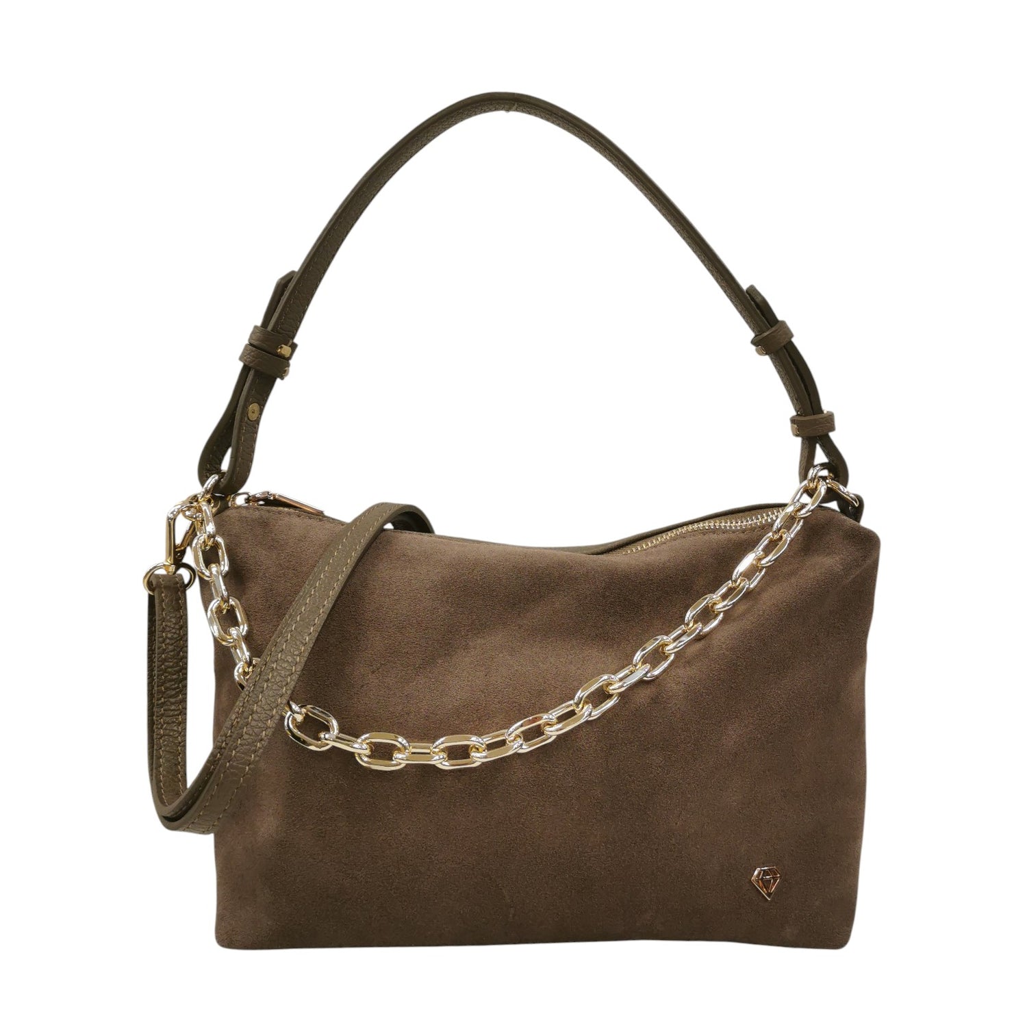 Caleidos Borsa a Spalla Donna in Camoscio e Pelle Tortora con Catena Oro e Manico Regolabile