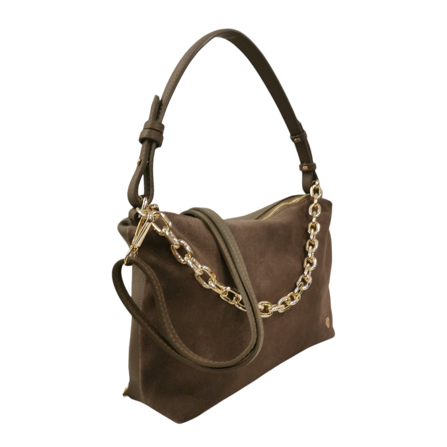 Caleidos Borsa a Spalla Donna in Camoscio e Pelle Tortora con Catena Oro e Manico Regolabile