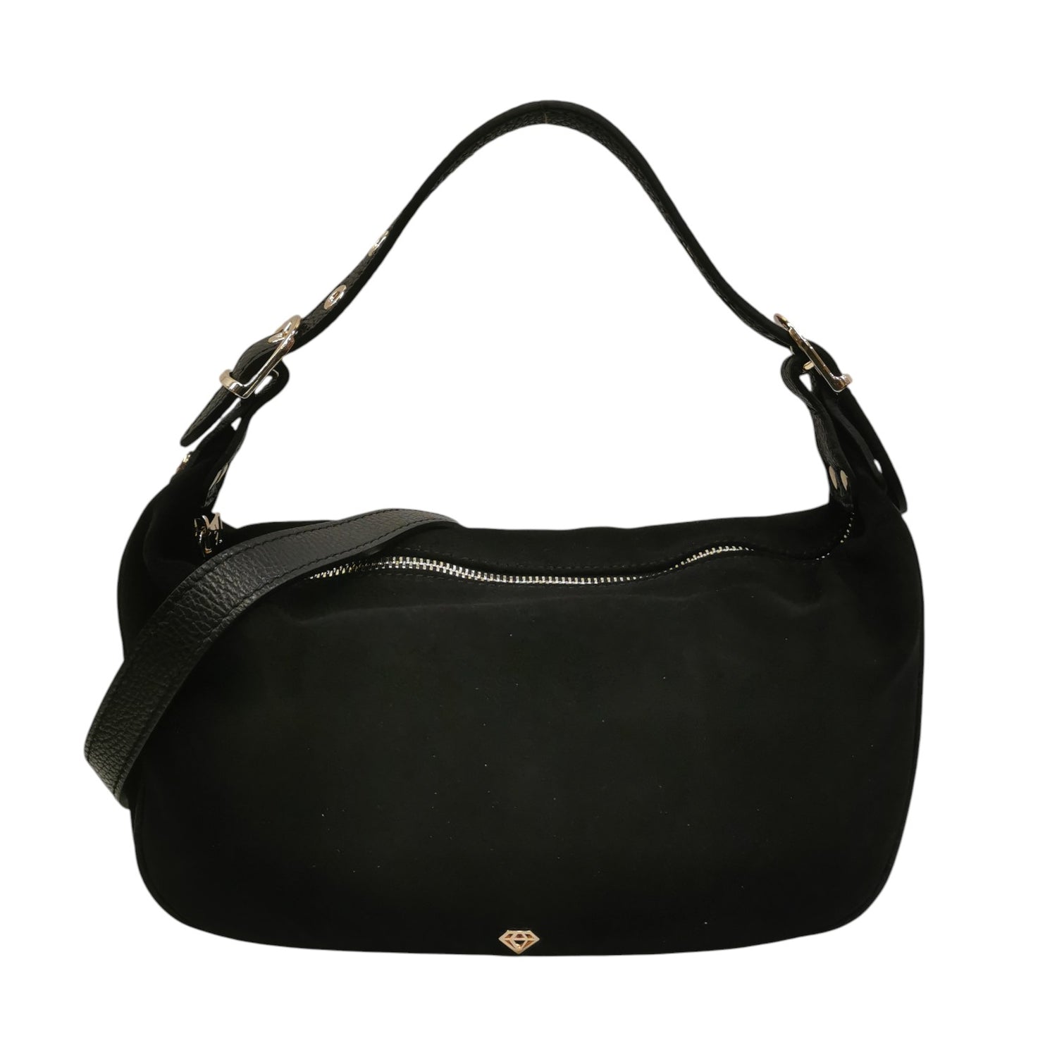 Caleidos Mezzaluna Donna in Camoscio Nero con Inserti in Pelle e Tracolla