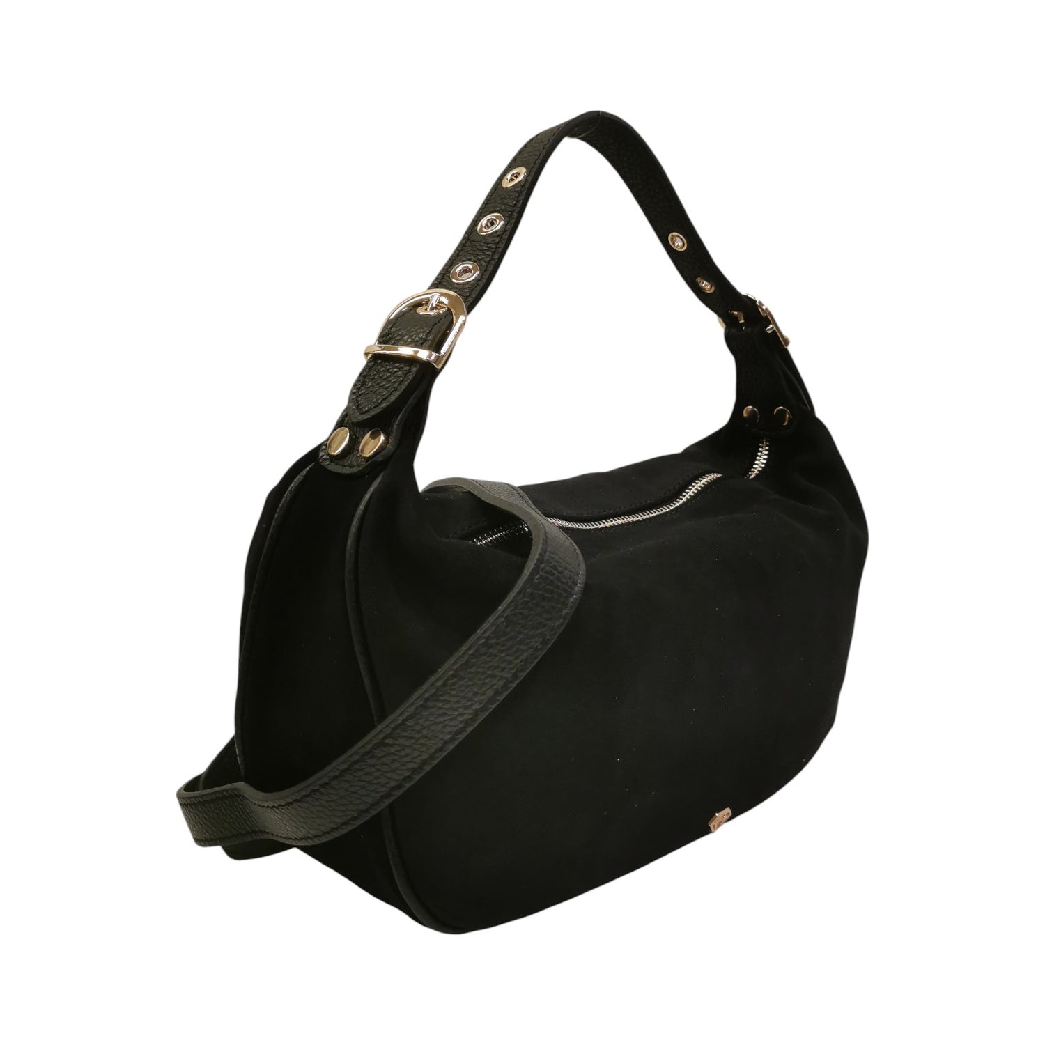 Caleidos Mezzaluna Donna in Camoscio Nero con Inserti in Pelle e Tracolla