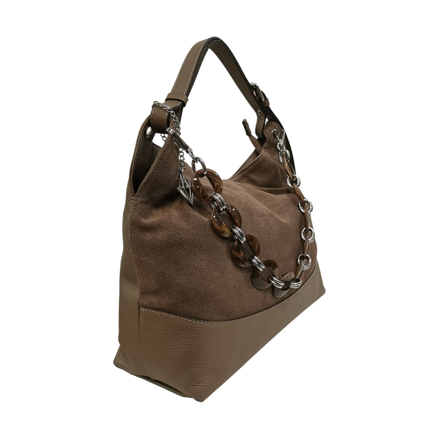 Caleidos Borsa a Spalla Donna in Pelle e Camoscio Tortora con Catena e Manico Regolabile