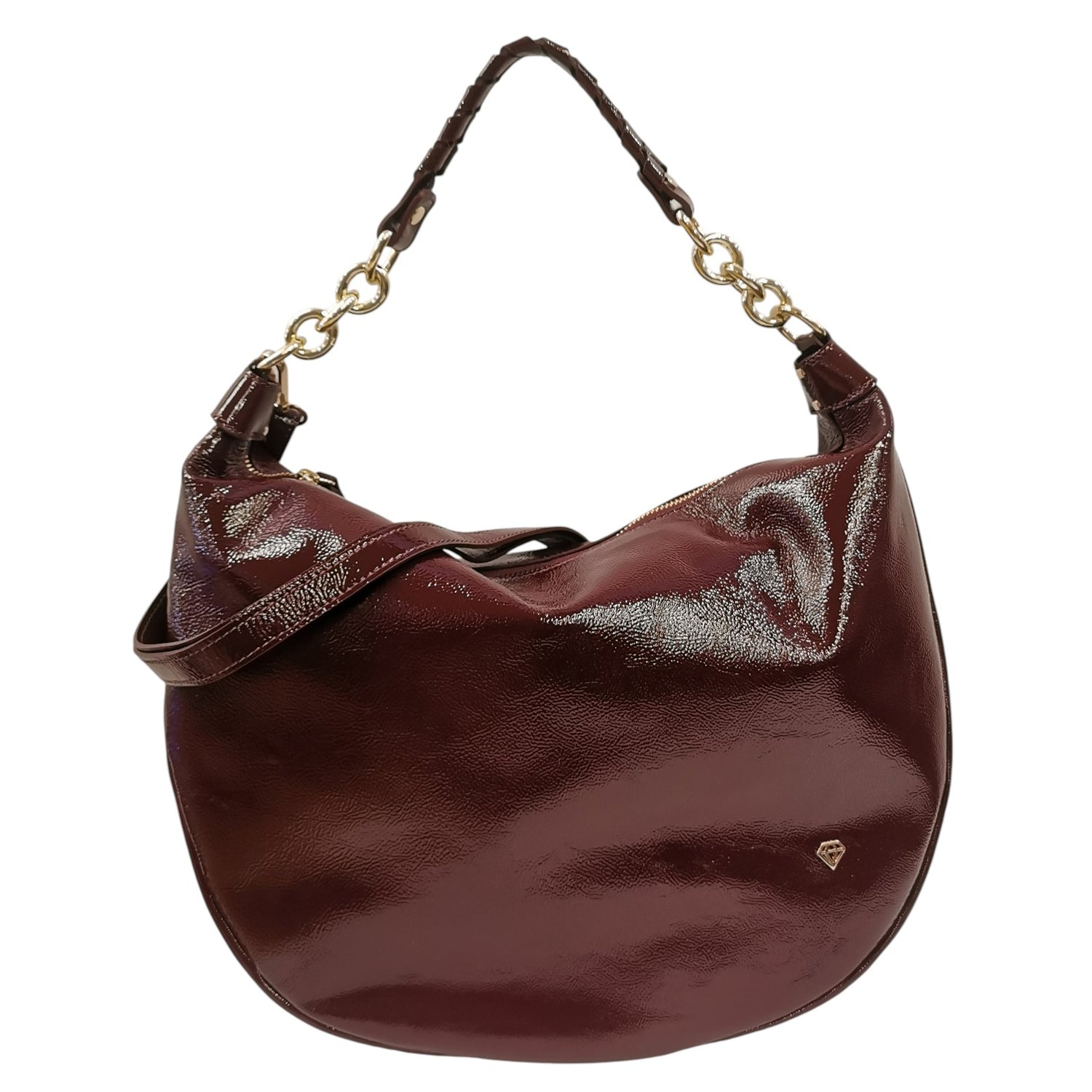 Caleidos Borsa a Spalla Mezzaluna Grande Donna in Vernice Bordeaux con Tracolla