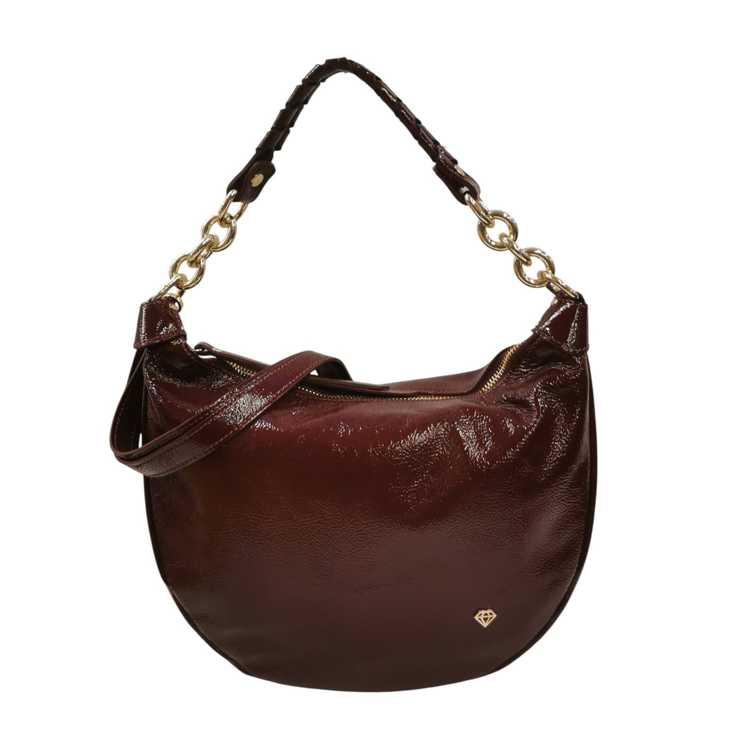 Caleidos Borsa a Spalla Mezzaluna Media Donna in Vernice Bordeaux con Tracolla