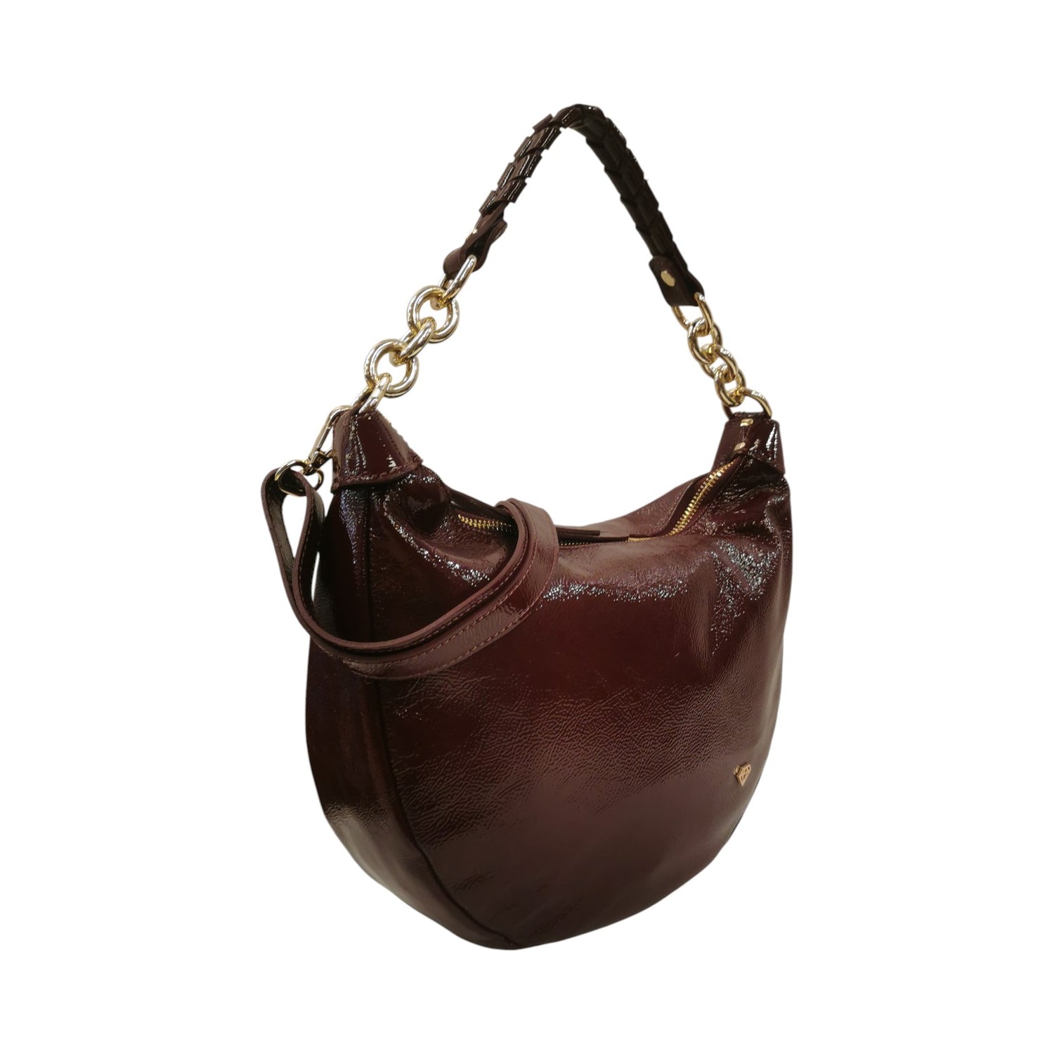 Caleidos Borsa a Spalla Mezzaluna Media Donna in Vernice Bordeaux con Tracolla