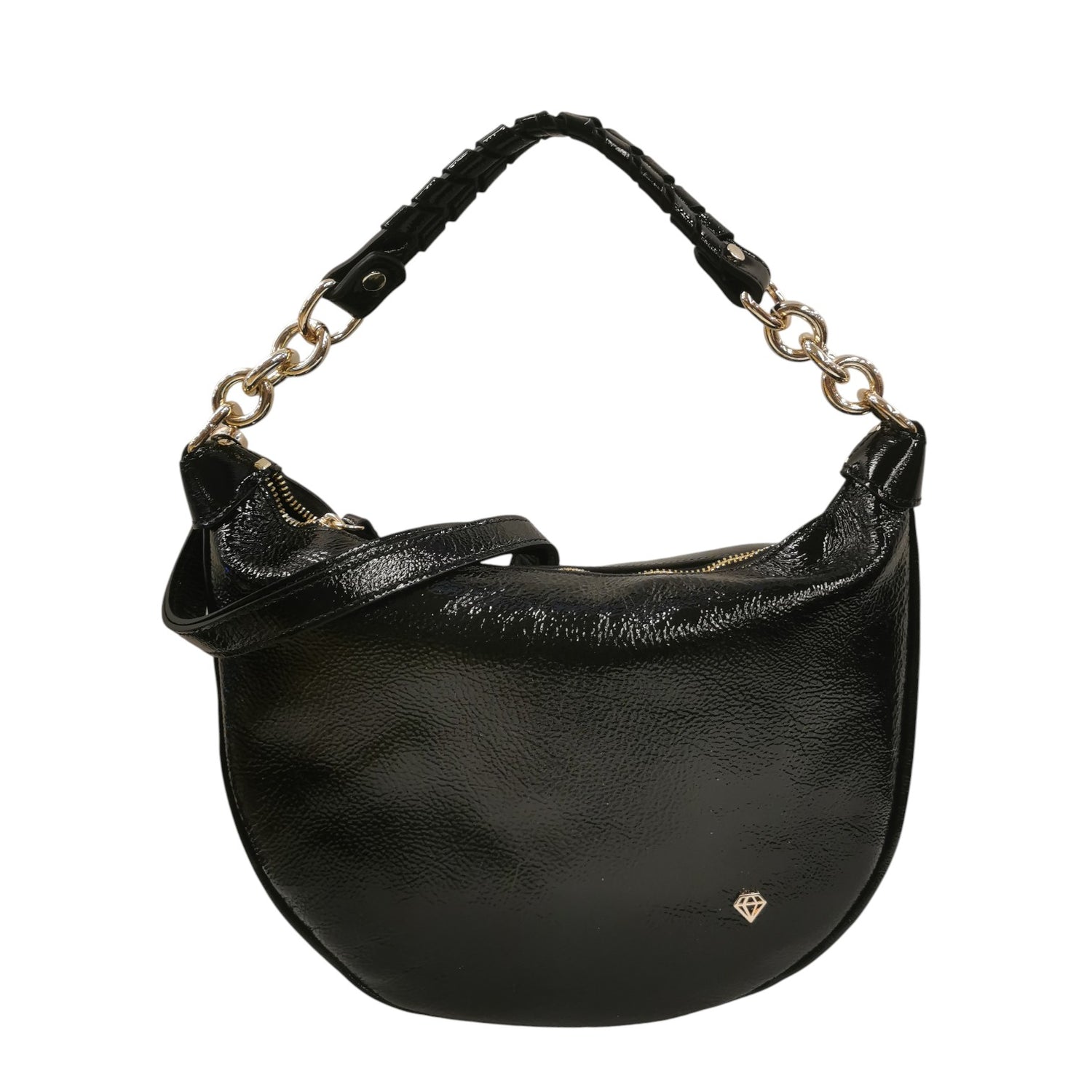Caleidos Borsa a Spalla Mezzaluna Media Donna in Vernice Nera con Tracolla