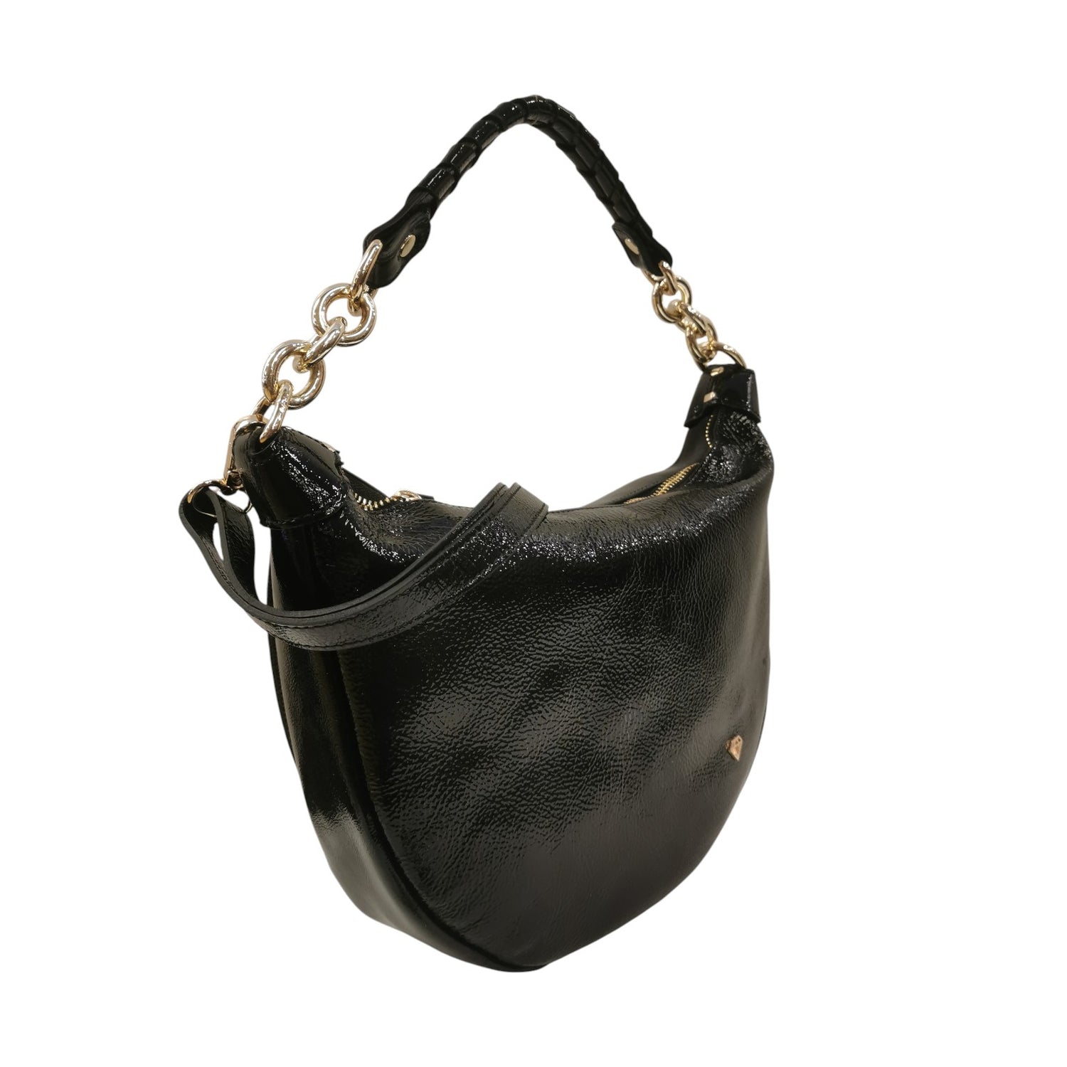 Caleidos Borsa a Spalla Mezzaluna Media Donna in Vernice Nera con Tracolla