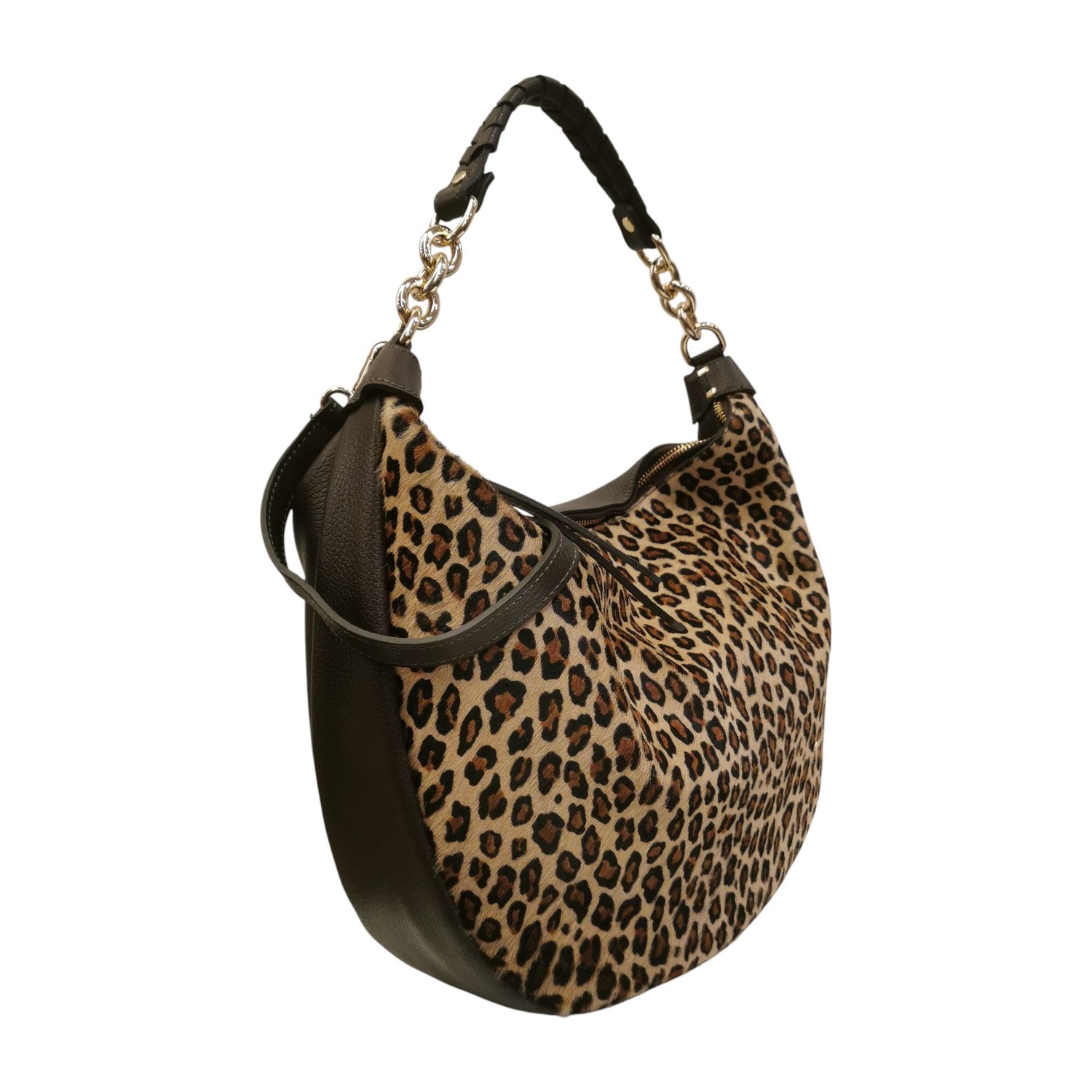 Caleidos Borsa a Spalla Grande Donna in Pelle Marrone con Stampa Leopardata e Tracolla