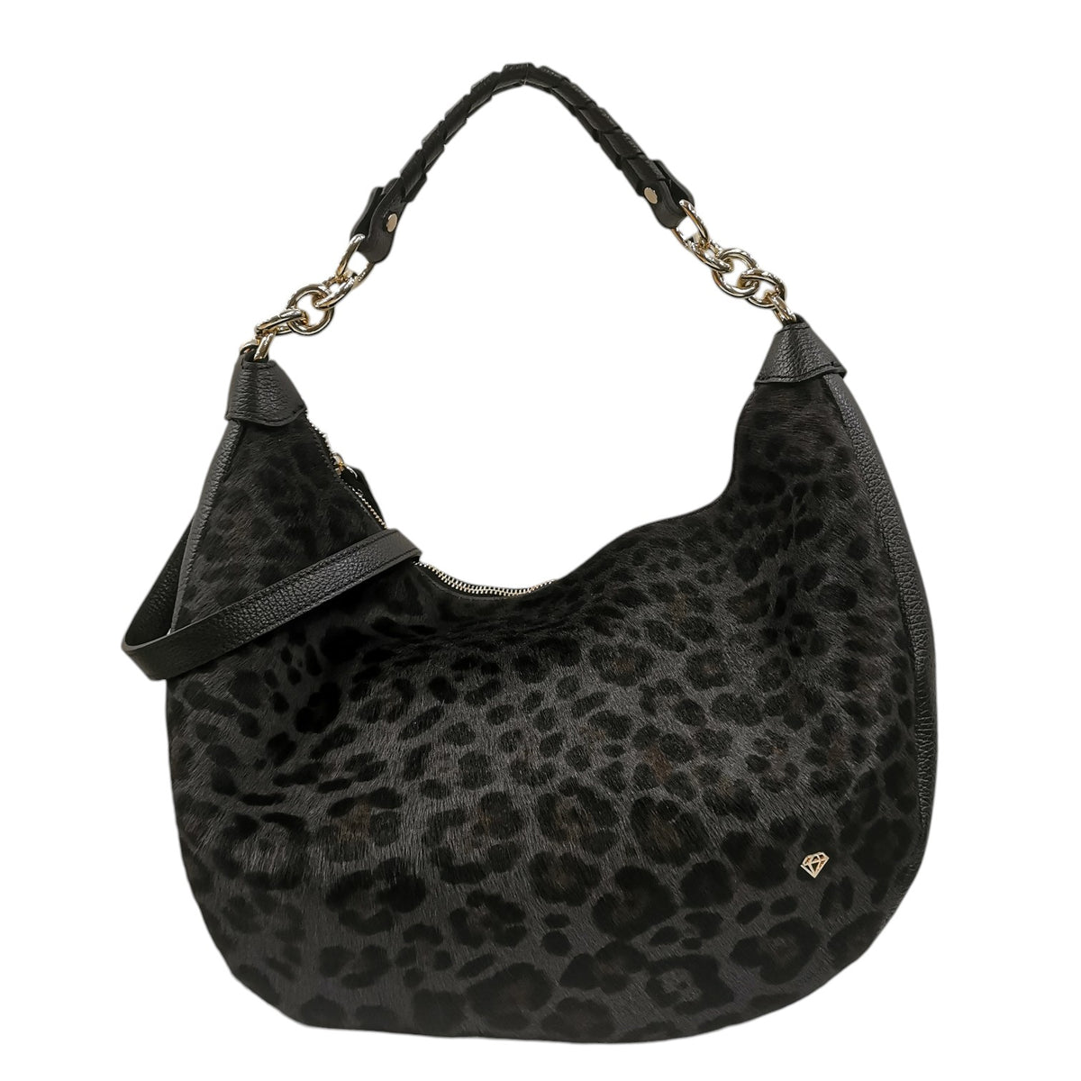 Caleidos Borsa a Spalla Grande Donna in Pelle Nera con Stampa Leopardata e Tracolla