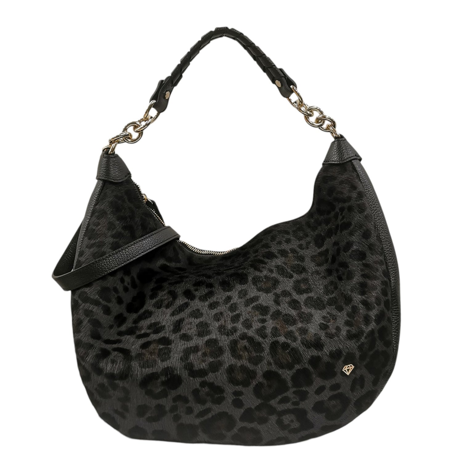 Caleidos Borsa a Spalla Grande Donna in Pelle Nera con Stampa Leopardata e Tracolla