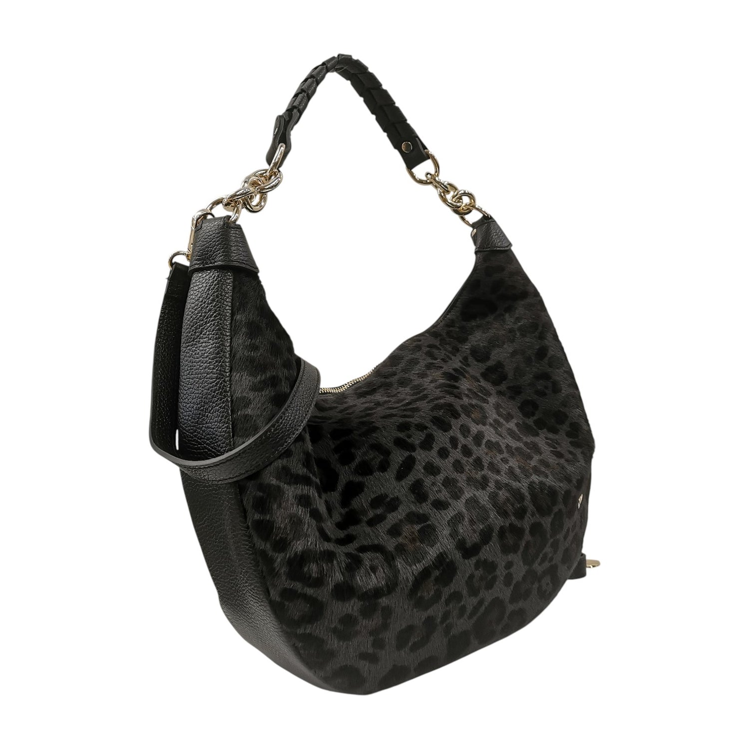 Caleidos Borsa a Spalla Grande Donna in Pelle Nera con Stampa Leopardata e Tracolla