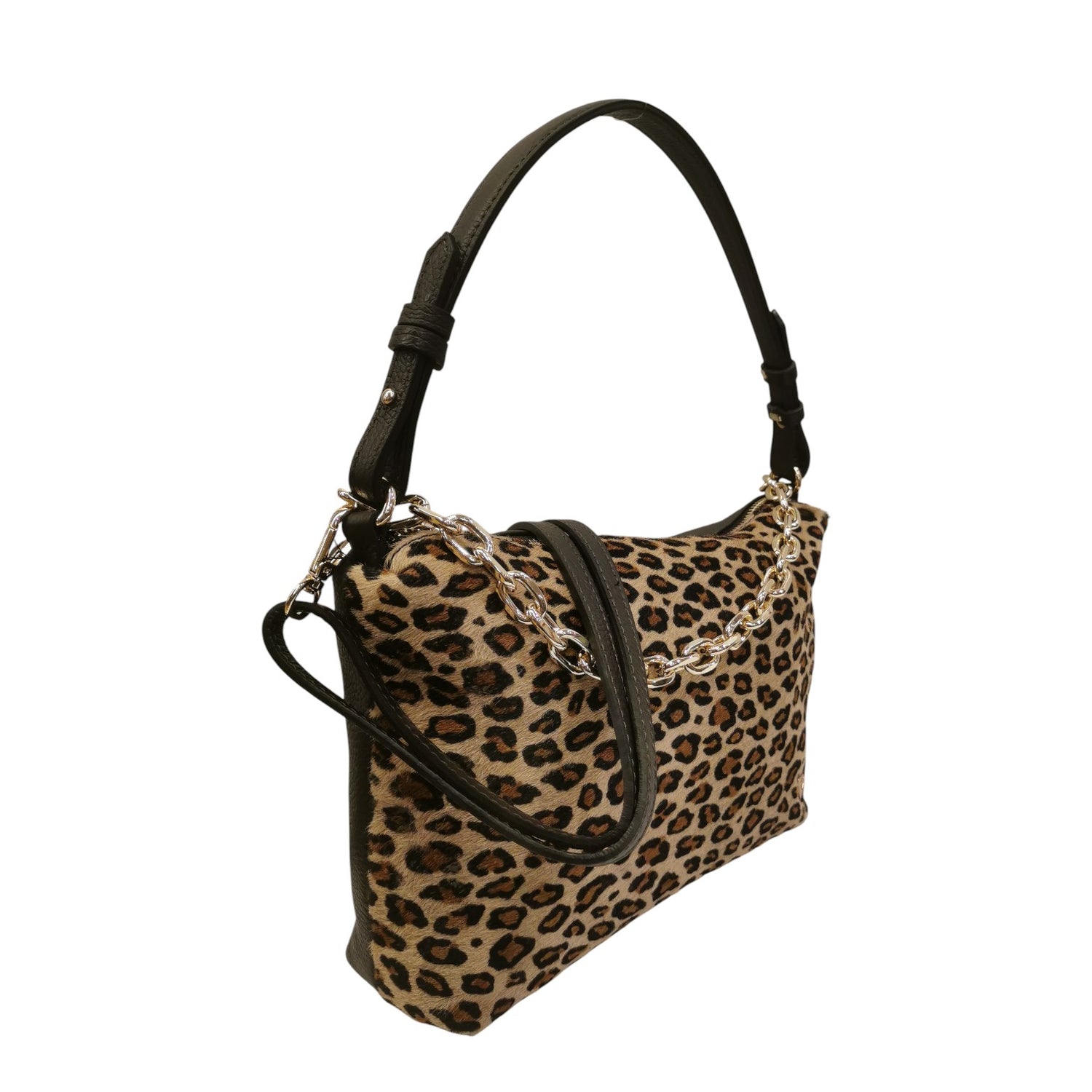 Caleidos Borsa a Spalla Donna in Pelle Marrone con Stampa Leopardata e Catena Oro