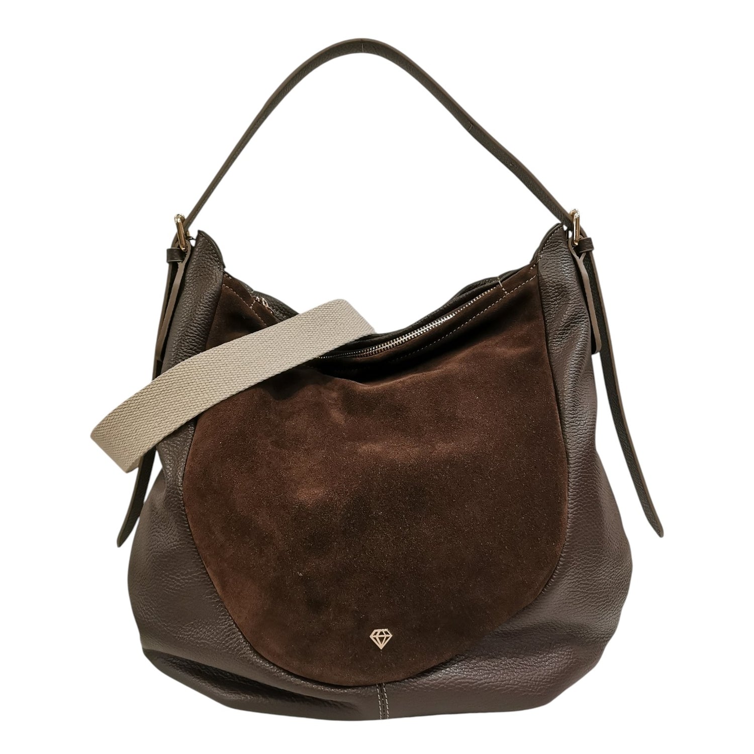 Caleidos Borsa a Spalla Donna in Camoscio e Pelle Marrone con Tracolla Beige