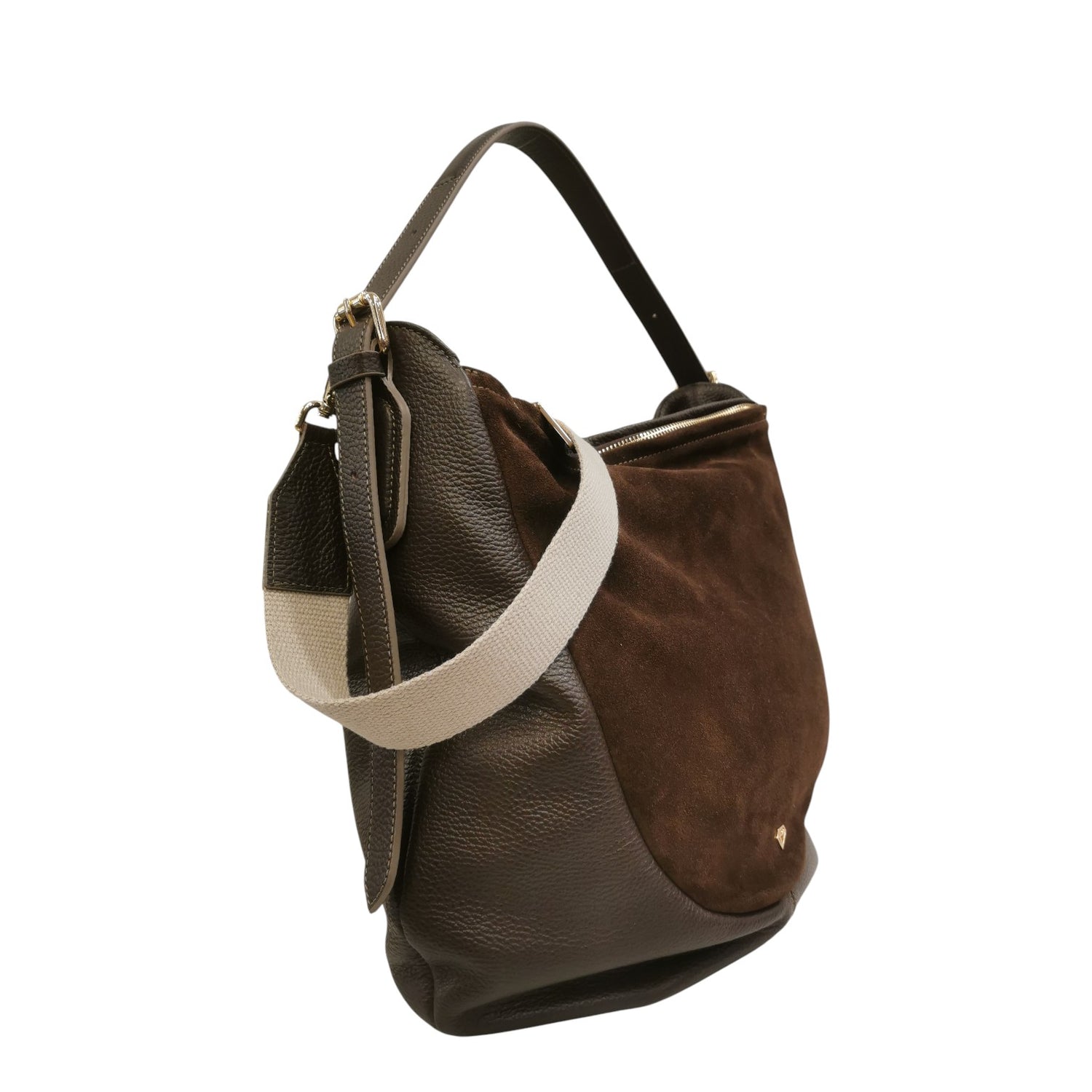 Caleidos Borsa a Spalla Donna in Camoscio e Pelle Marrone con Tracolla Beige