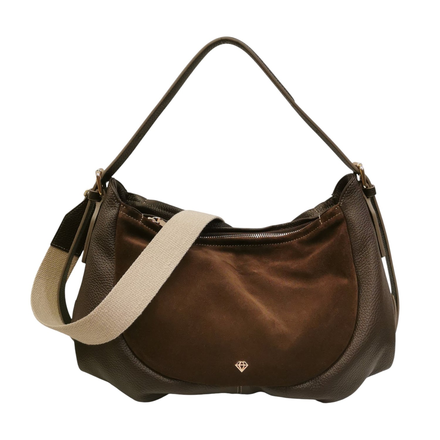 Caleidos Borsa a Spalla Mezzaluna Donna in Pelle e Camoscio Marrone con Tracolla Beige