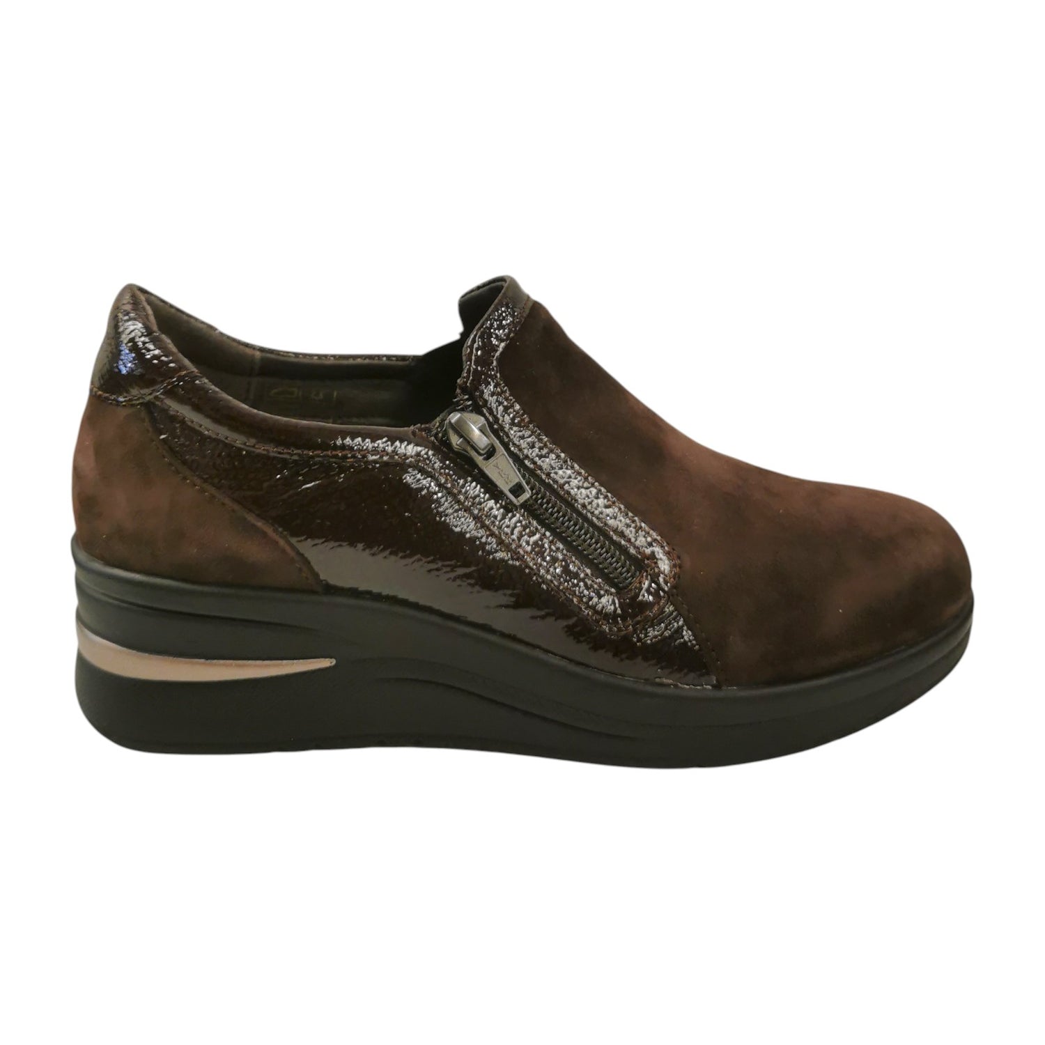 Susimoda Mocassino Accollato Donna in Camoscio con Inserti in Vernice Moro e Zip