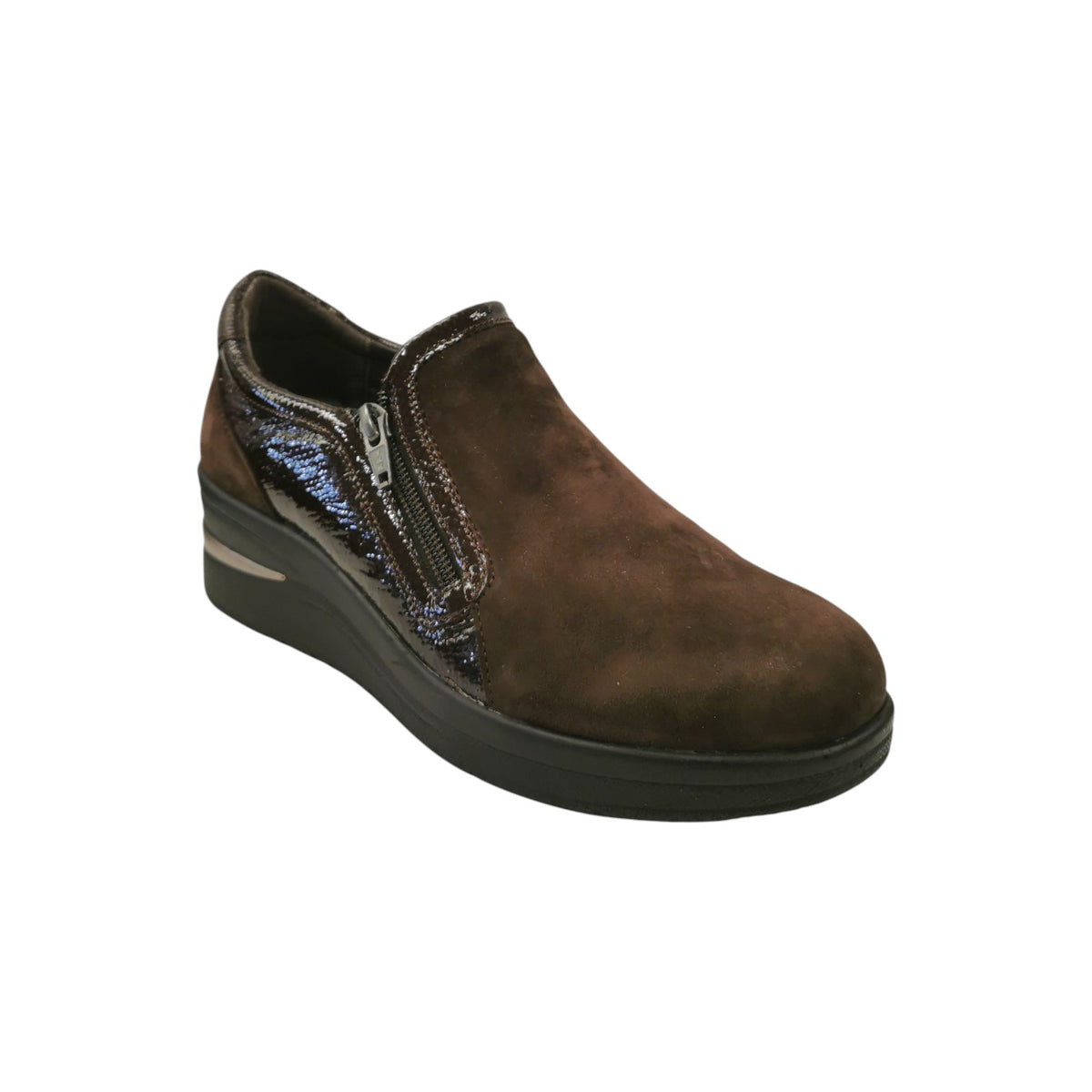 Susimoda Mocassino Accollato Donna in Camoscio con Inserti in Vernice Moro e Zip