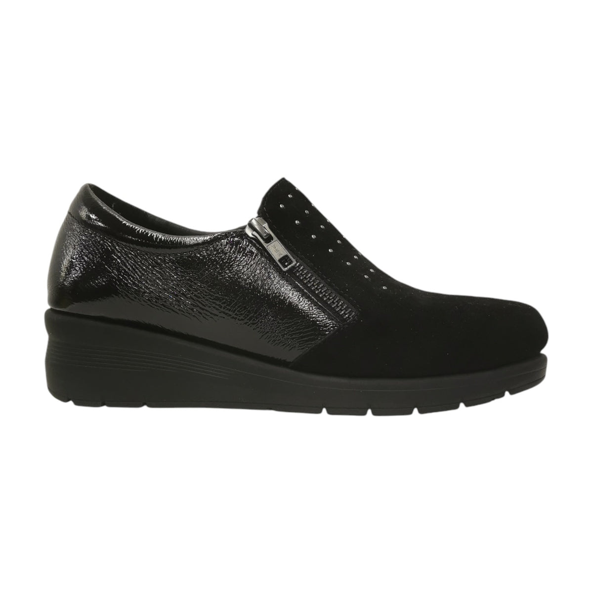 Susimoda Mocassino Donna in Camoscio e Vernice Nera con Mini Strass e Zip Laterale