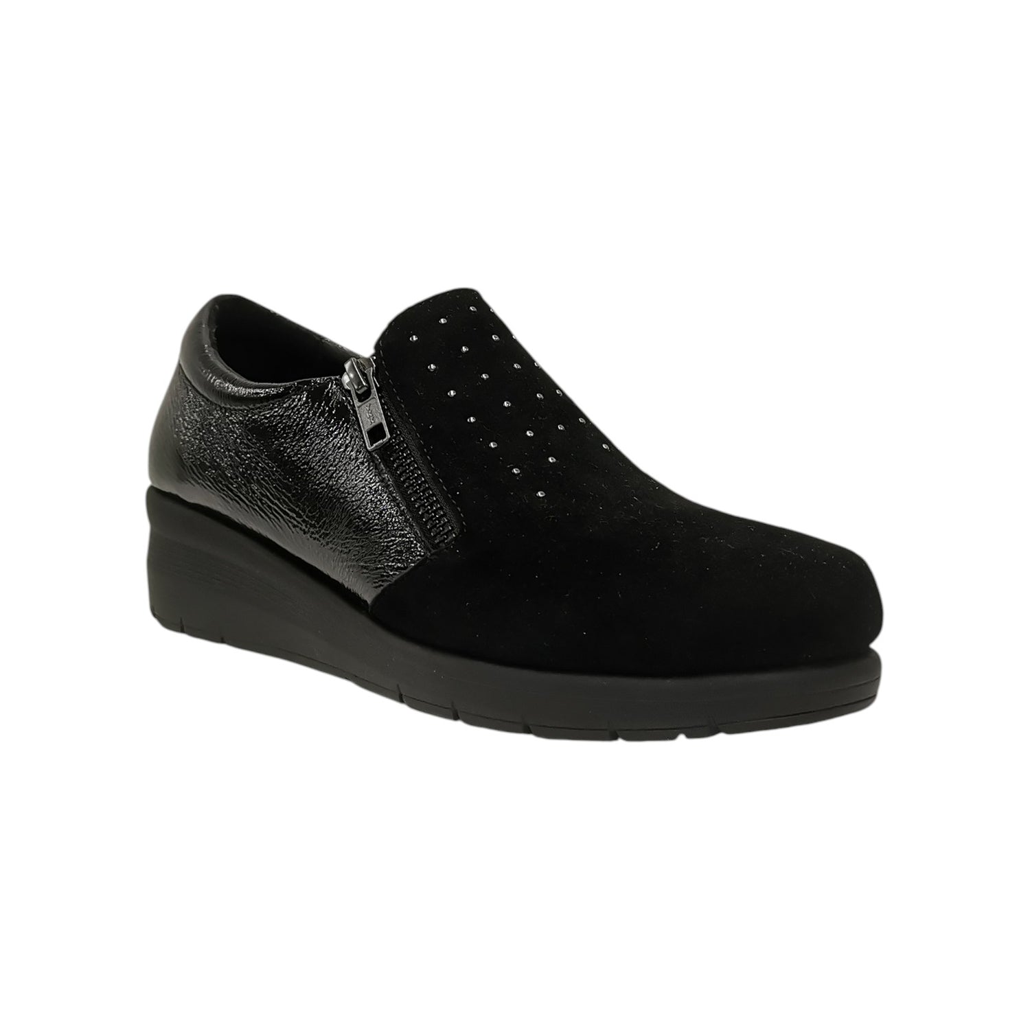 Susimoda Mocassino Donna in Camoscio e Vernice Nera con Mini Strass e Zip Laterale