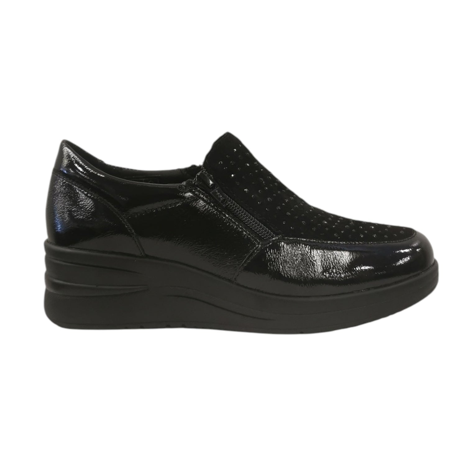Susimoda Slip On Donna in Camoscio e Vernice Nera con Strass e Doppia Zip