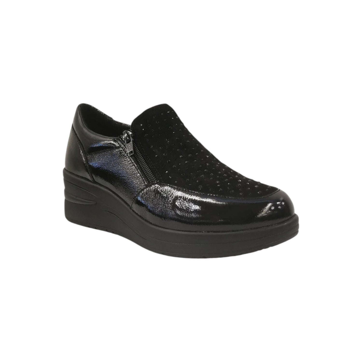 Susimoda Slip On Donna in Camoscio e Vernice Nera con Strass e Doppia Zip