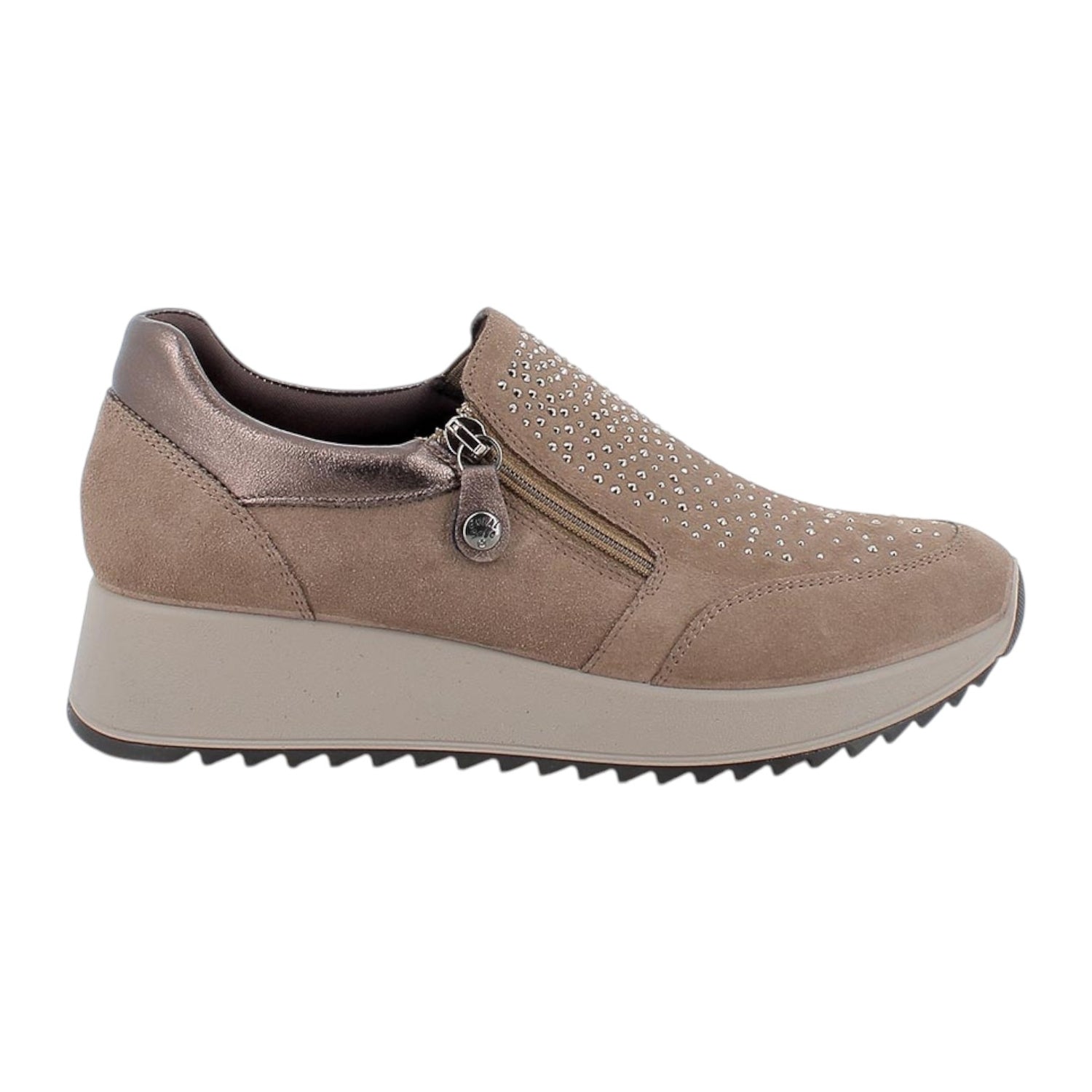 Enval Soft Mocassino Donna in Camoscio Fango con Strass e Zeppa Alta 40mm