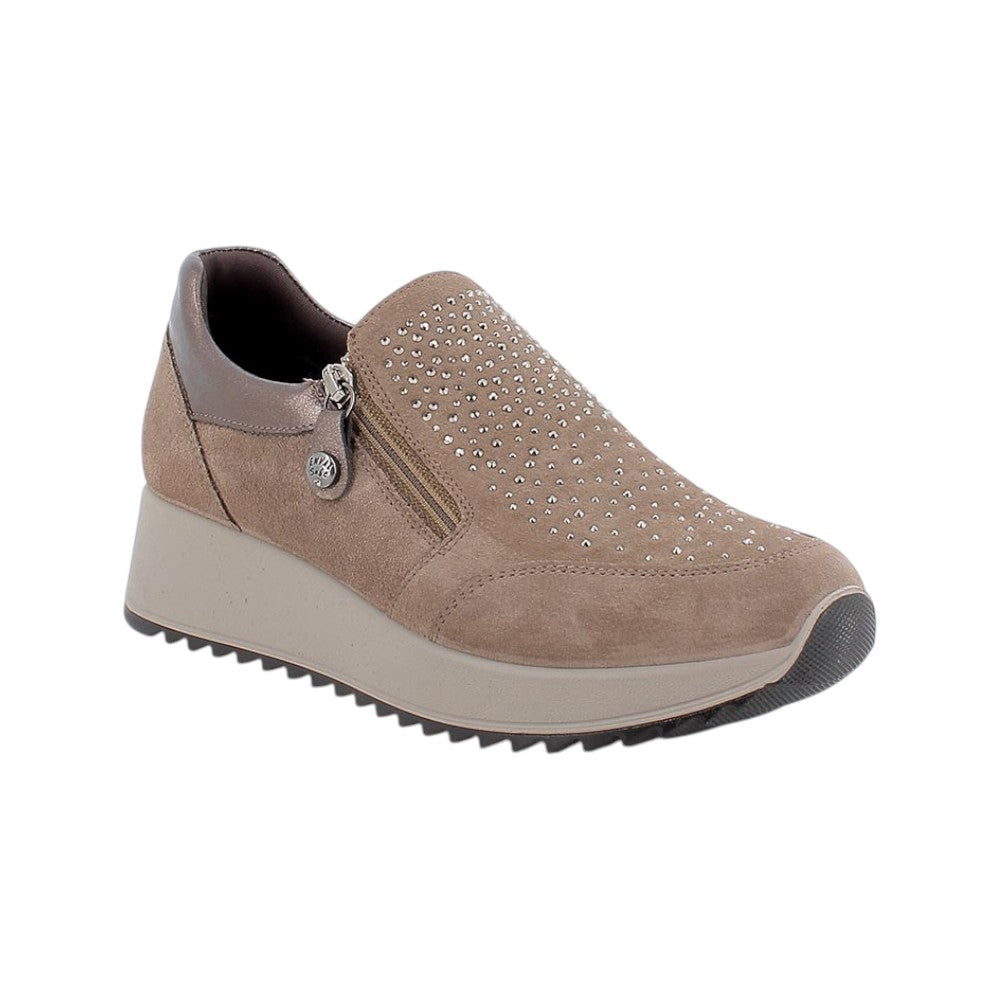 Enval Soft Mocassino Donna in Camoscio Fango con Strass e Zeppa Alta 40mm