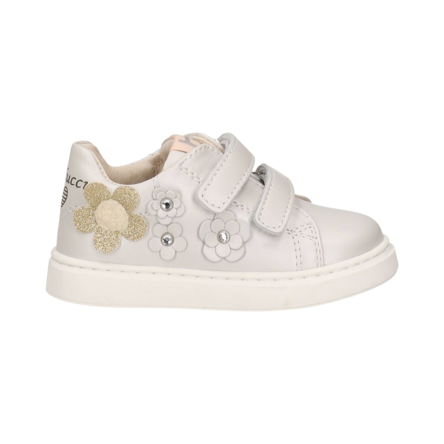 Balducci Sneakers Bambina in Pelle Bianca con Doppio Strappo e Fiori