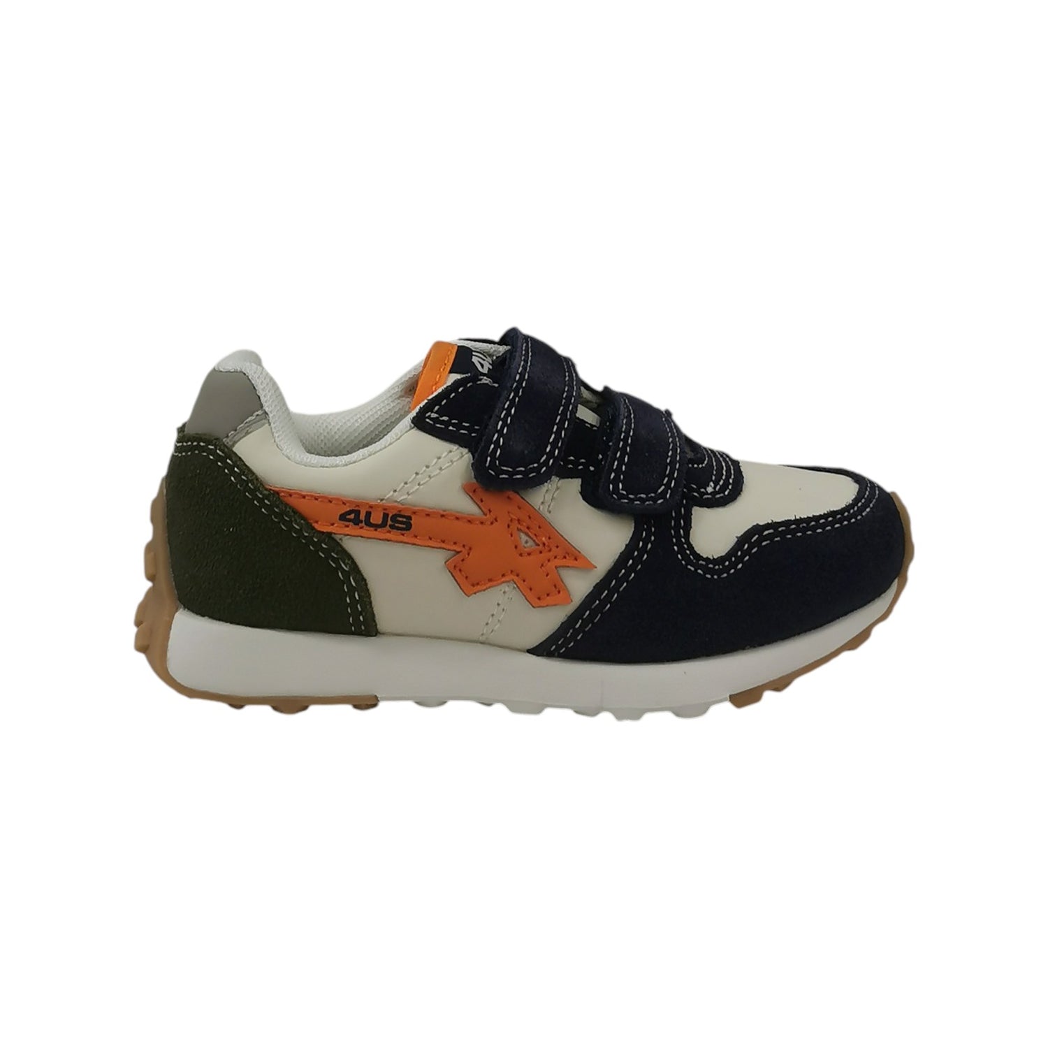 4US Sneakers Bambino in Pelle e Camoscio Beige Blu con Doppio Strappo