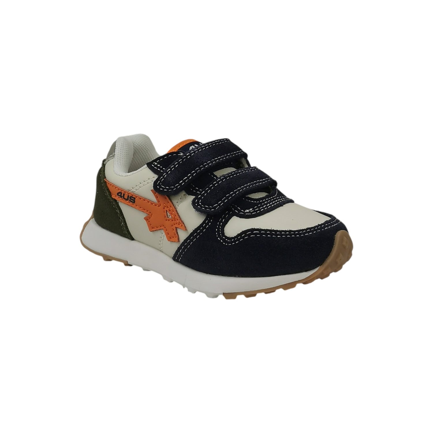 4US Sneakers Bambino in Pelle e Camoscio Beige Blu con Doppio Strappo