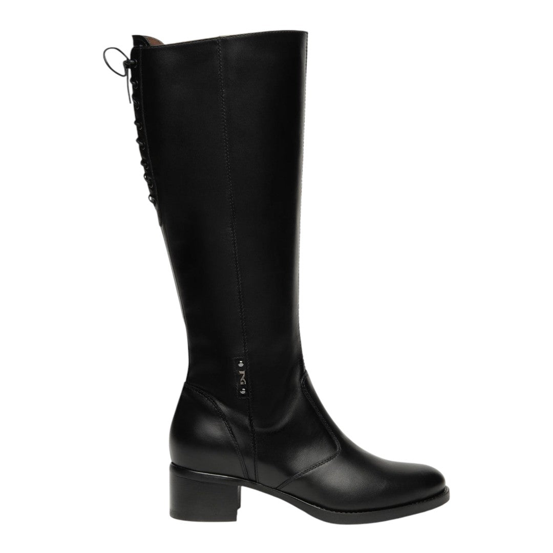 Nero Giardini Stivale Donna in Pelle Nera con Laccetti e Tacco Largo Alto 50mm