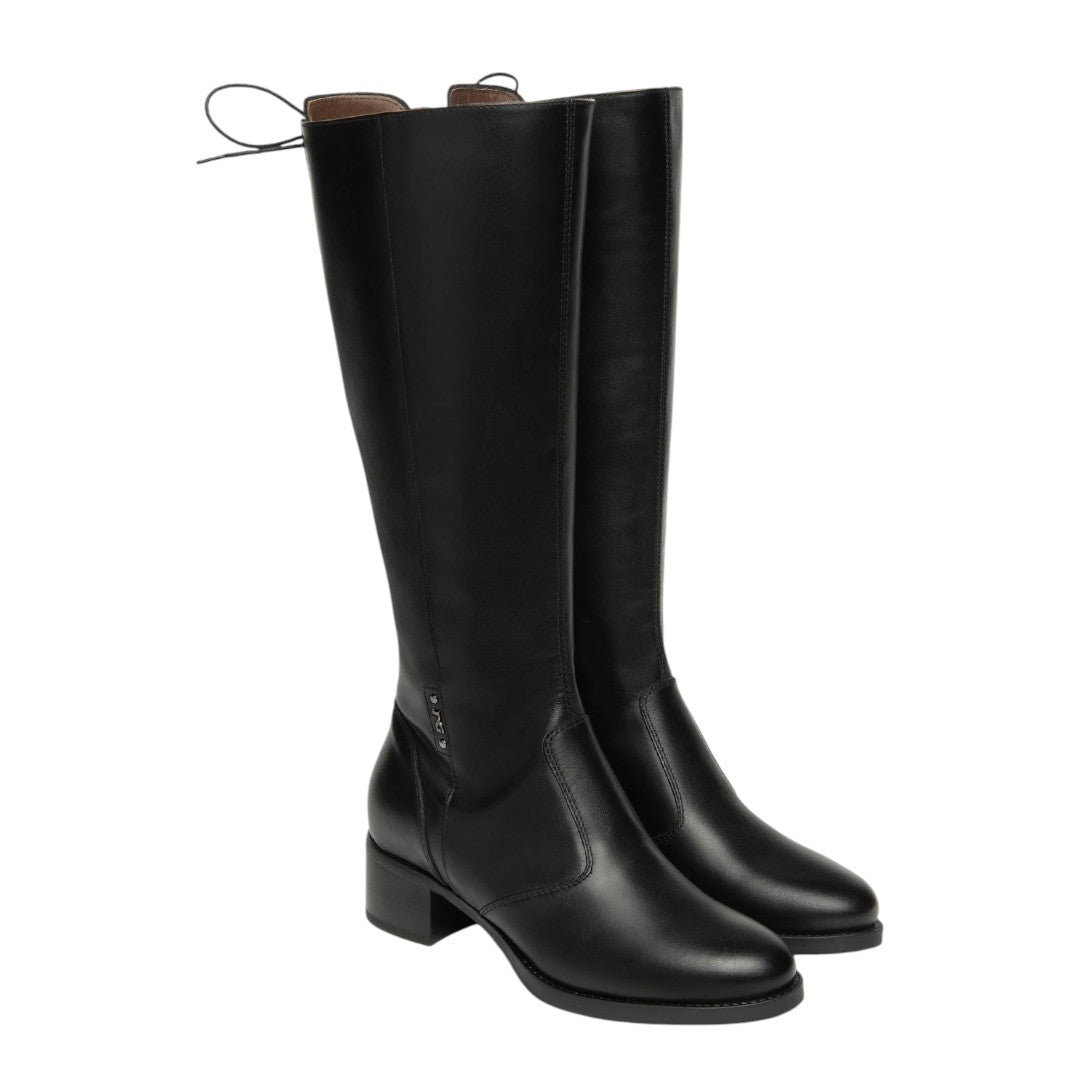 Nero Giardini Stivale Donna in Pelle Nera con Laccetti e Tacco Largo Alto 50mm