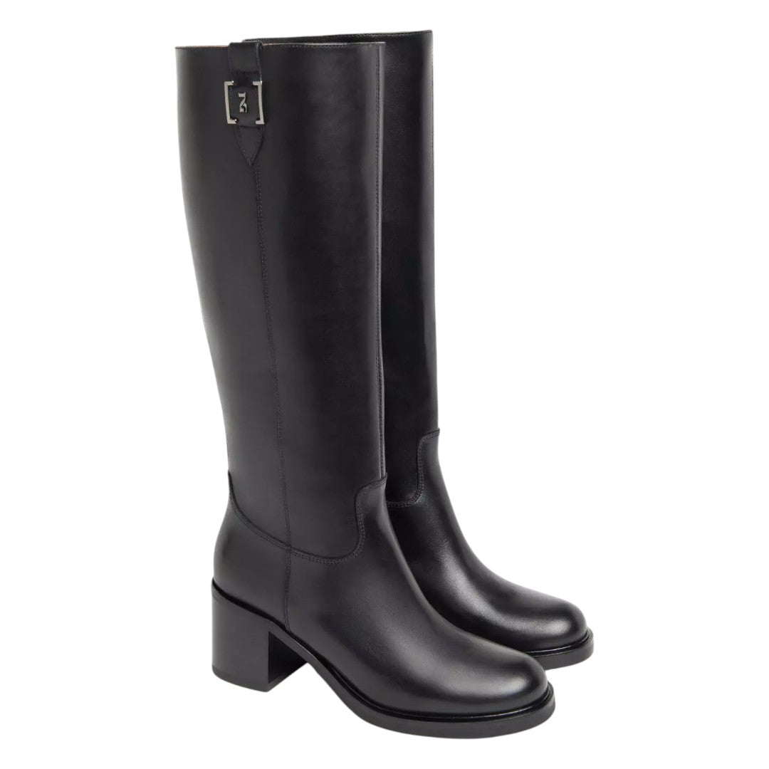 Nero Giardini Stivale Donna in Pelle Nera con Dettaglio Argento e Tacco Largo Alto 60mm