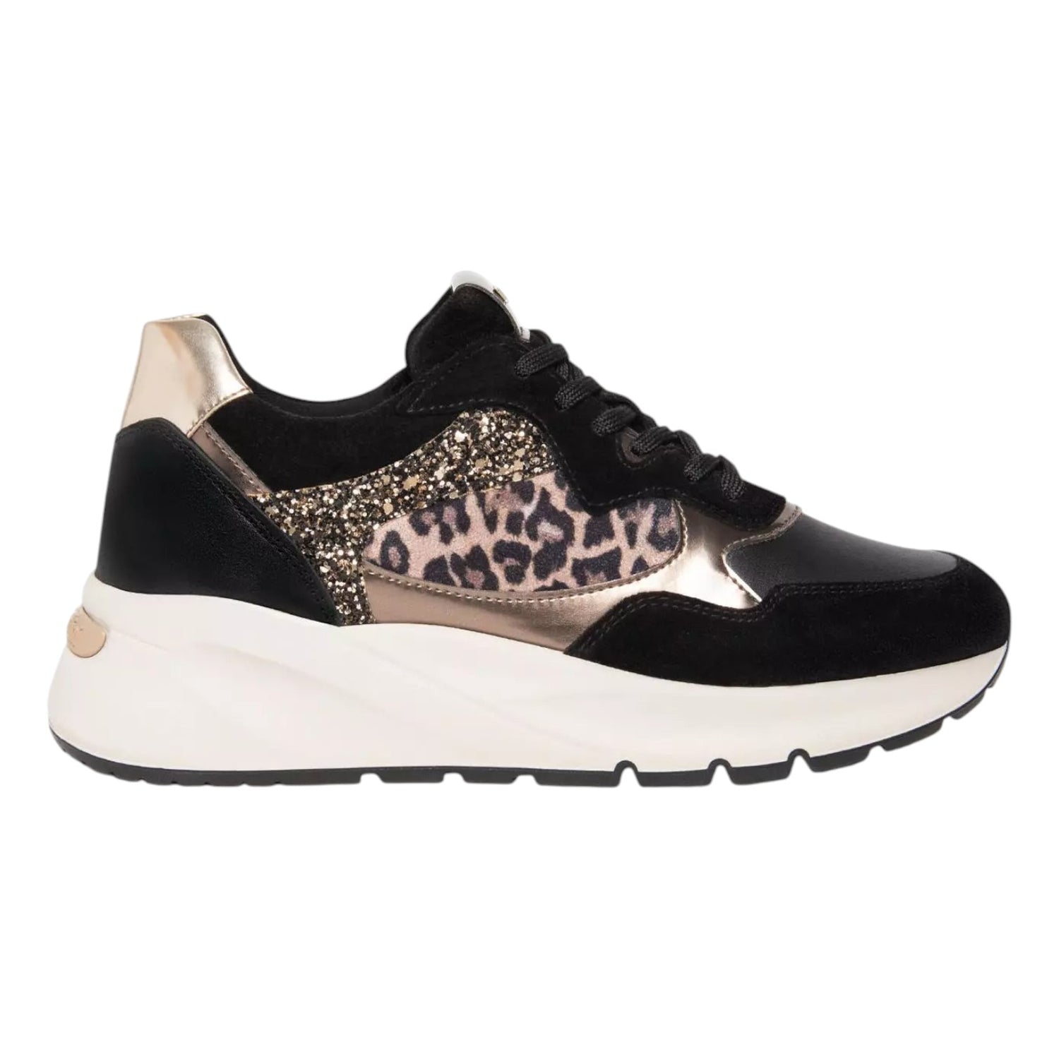Nero Giardini Sneakers Donna in Pelle e Camoscio Nera con Glitter e Leopardato