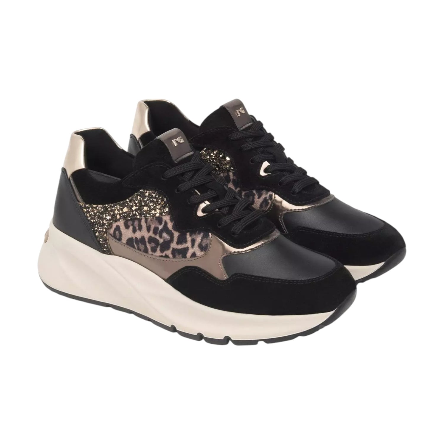 Nero Giardini Sneakers Donna in Pelle e Camoscio Nera con Glitter e Leopardato