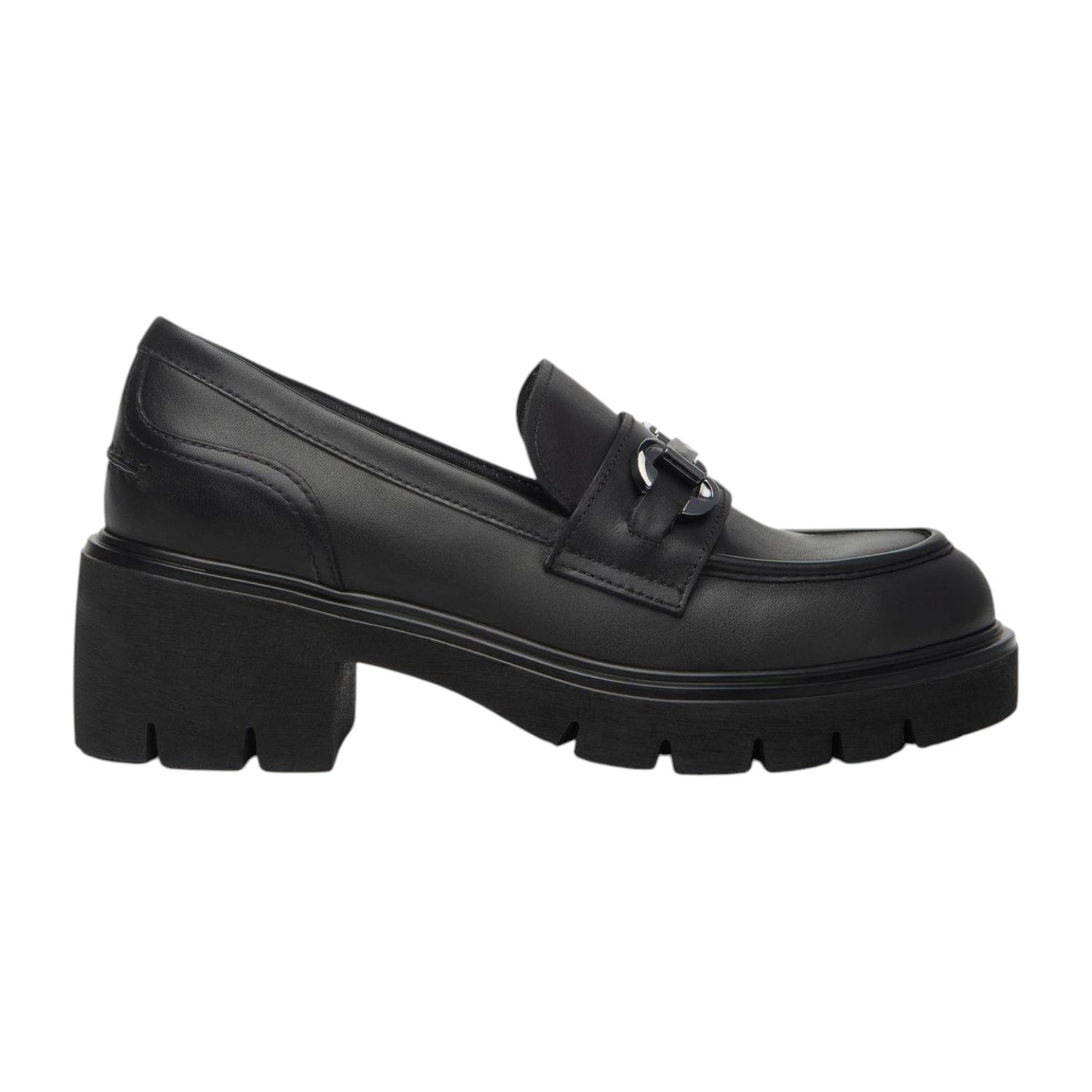Nero Giardini Mocassino Donna in Pelle Nera con Morsetto e Tacco Largo 50mm
