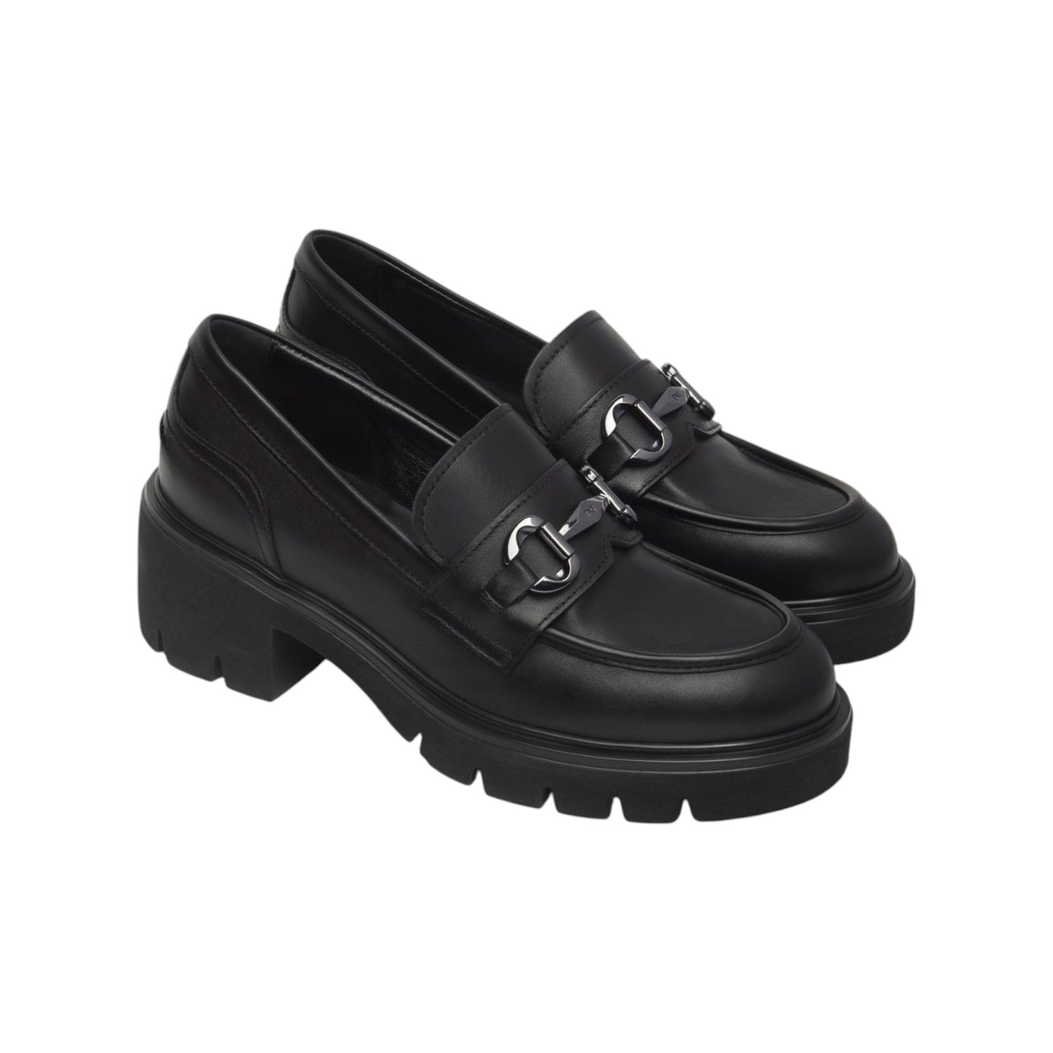 Nero Giardini Mocassino Donna in Pelle Nera con Morsetto e Tacco Largo 50mm