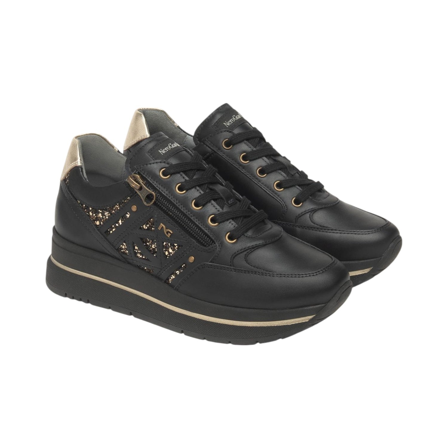 Nero Giardini Sneakers Platform Donna in Pelle Nera con Dettagli Dorati