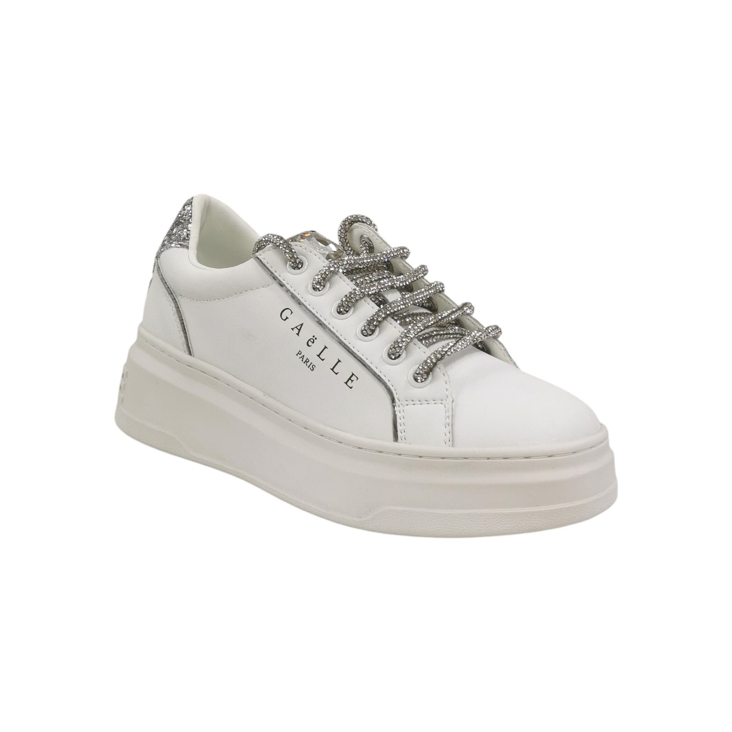 Gaelle Sneakers Donna in Pelle Bianca Argento con Lacci a Strass