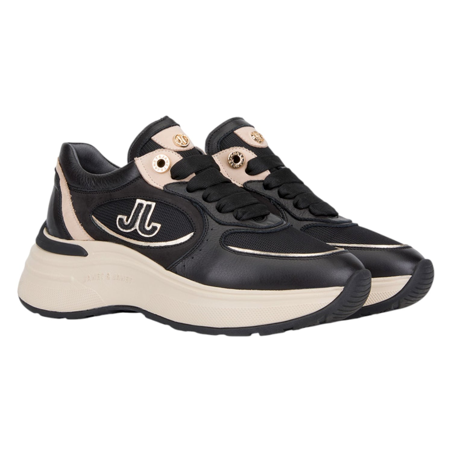 Janet&Janet Sneakers Donna in Pelle Nera con Inserti Beige