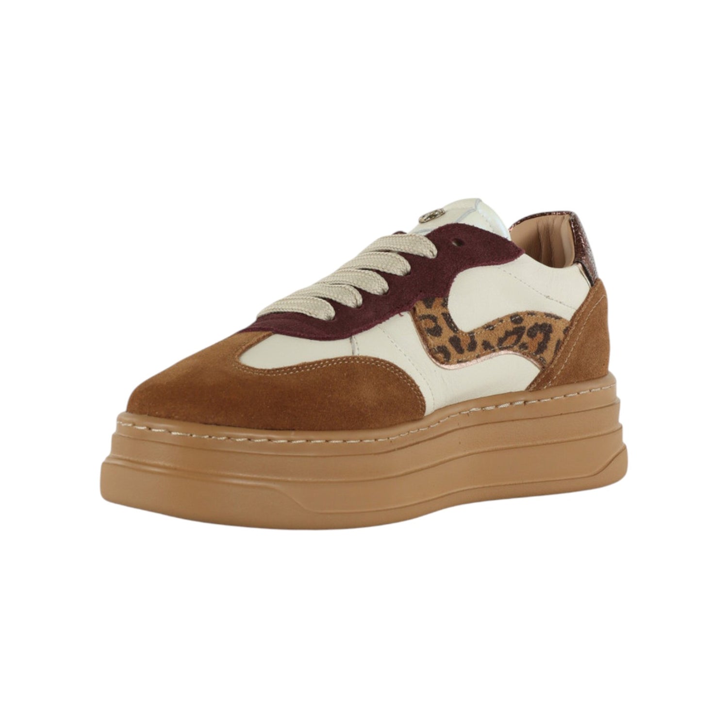 Janet&Janet Sneakers Platform Donna in Pelle e Camoscio Cognac con Inserto Leopardato