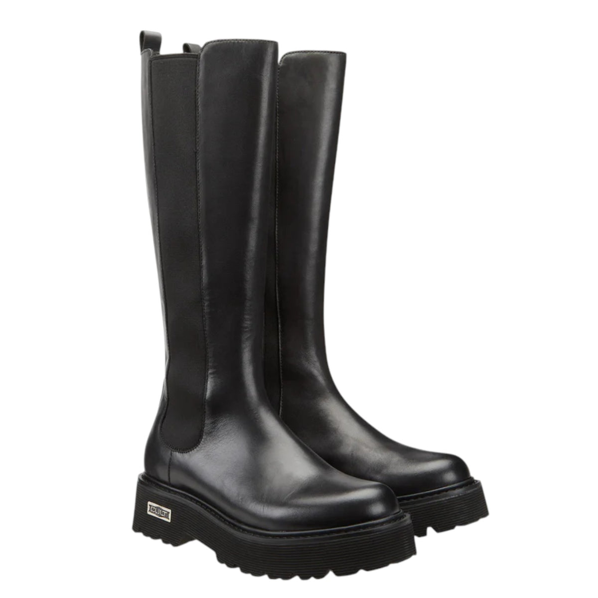 Cult Stivale Alto Donna in Pelle Nera con Elastico in Tessuto Laterale