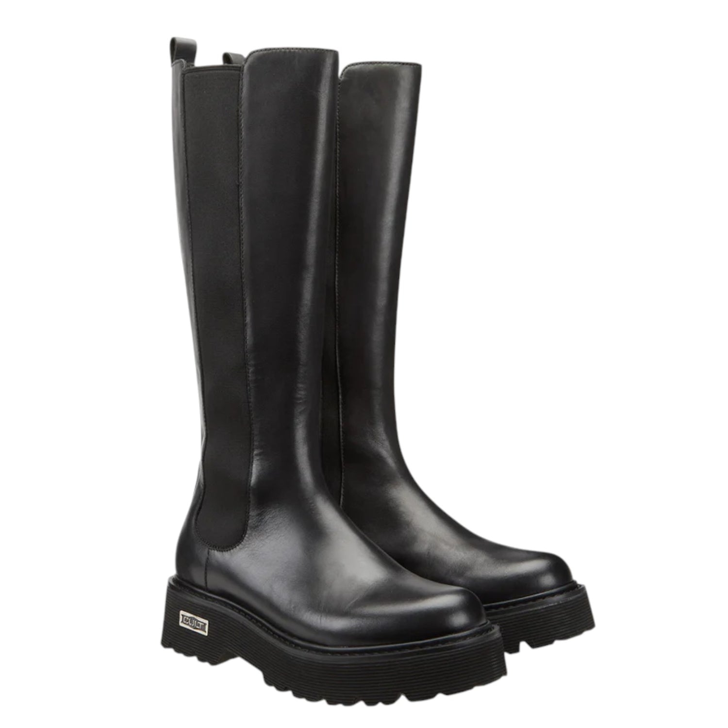 Cult Stivale Alto Donna in Pelle Nera con Elastico in Tessuto Laterale