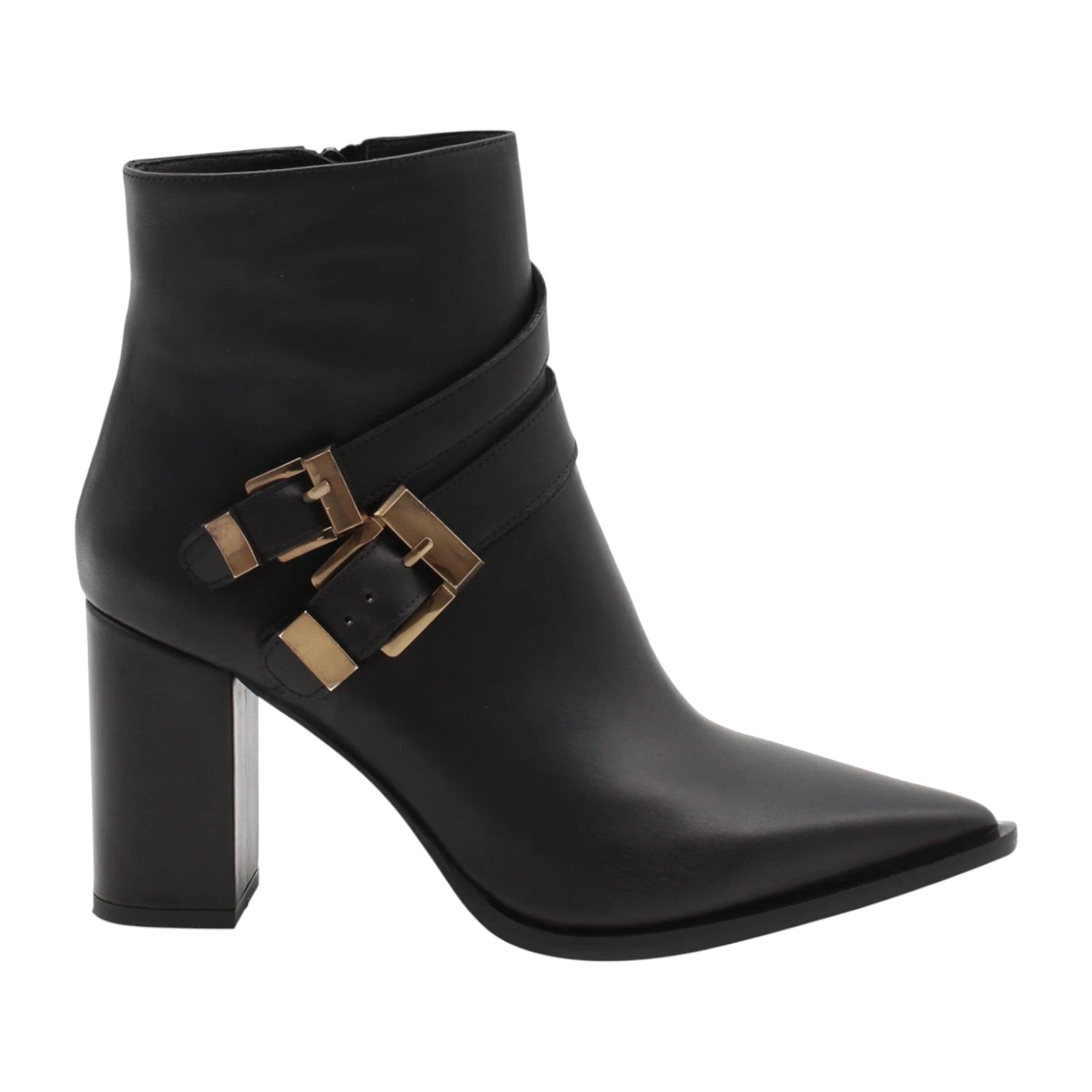 Albano Tronchetto Donna in Pelle Nera con Fibbie Oro e Tacco Largo Alto 90mm