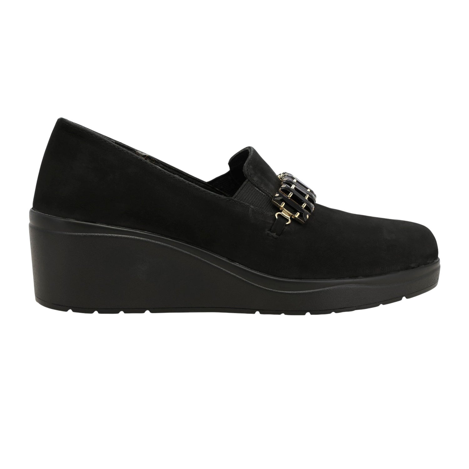 Melluso Mocassino Donna in Camoscio Nero con Dettaglio Oro e Zeppa