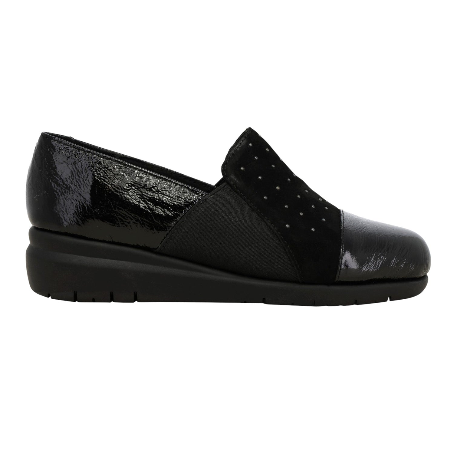 Melluso Mocassino Donna in Camoscio e Vernice Nero con Strass e Zeppa