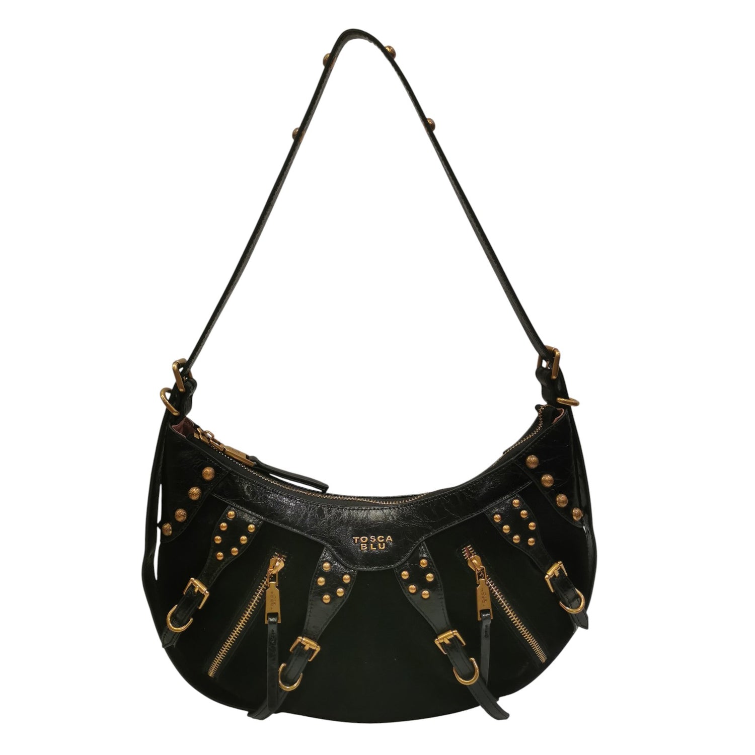 Tosca Blu Borsa a Spalla Mezzaluna Donna Shirley in Pelle Nera con Borchie