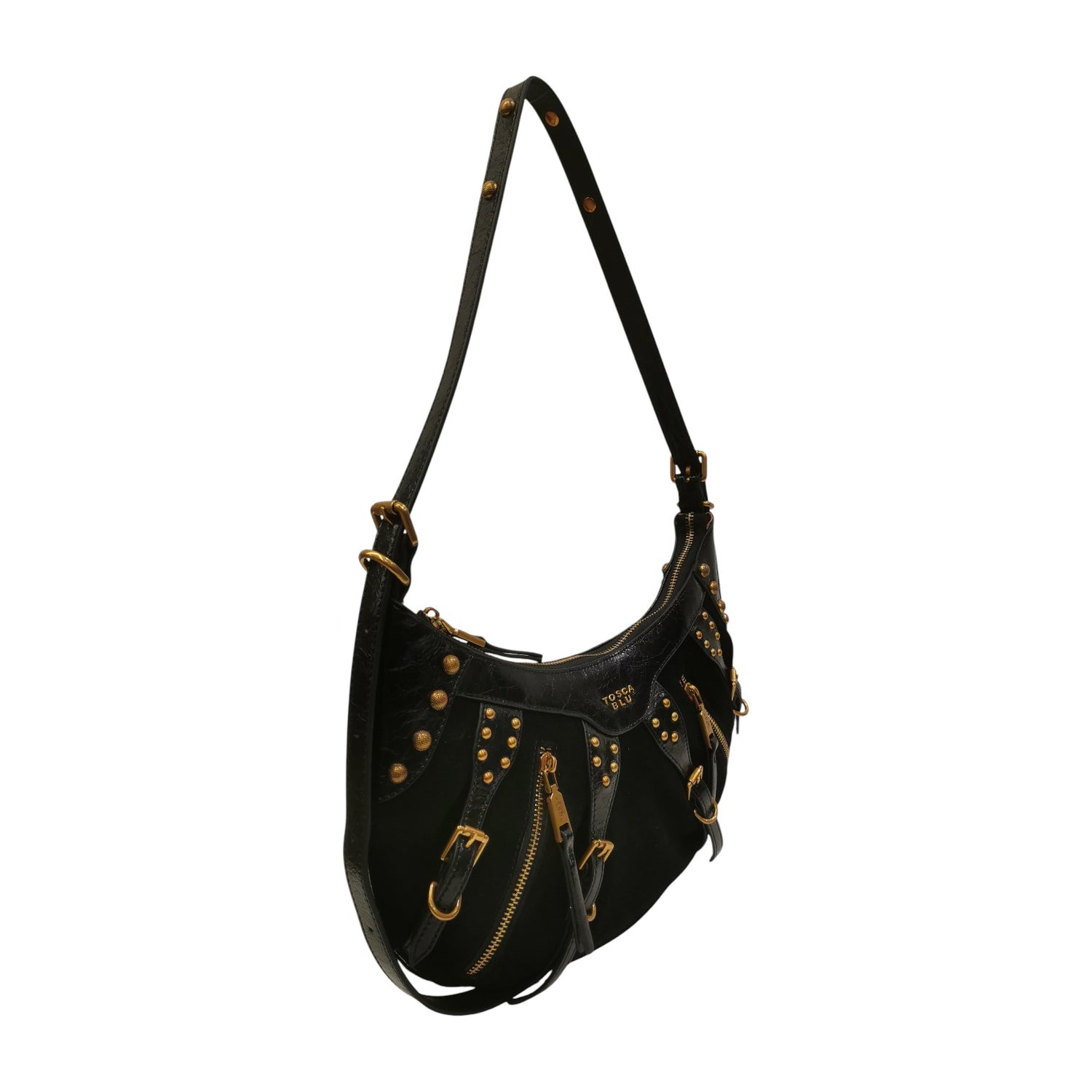 Tosca Blu Borsa a Spalla Mezzaluna Donna Shirley in Pelle Nera con Borchie