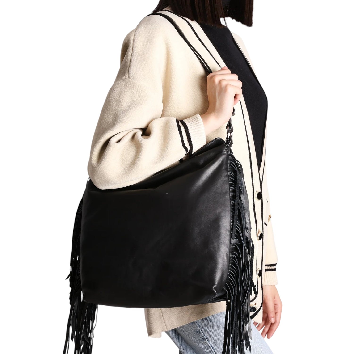 Tosca Blu Borsa a Spalla Grande Janet in Pelle Nera con Frange