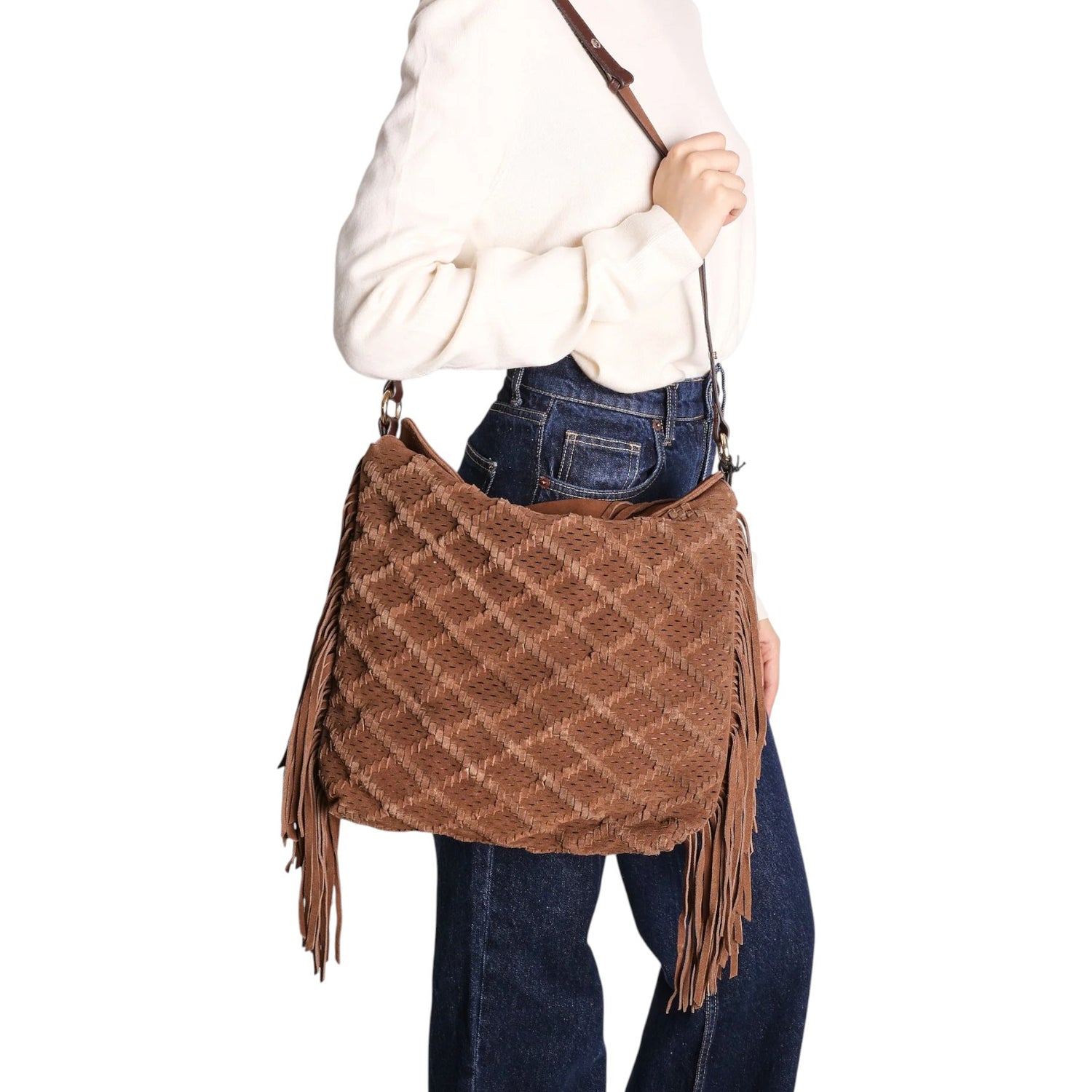 Tosca Blu Borsa a Spalla Donna Janet in Camoscio Moro con Frange