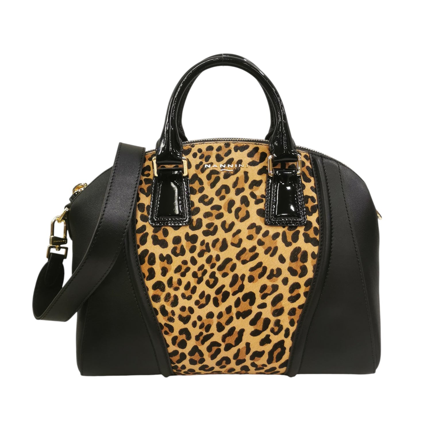 Nannini Firenze Borsa a Mano Glamour Donna in Pelle Nera con Stampa Leopardata